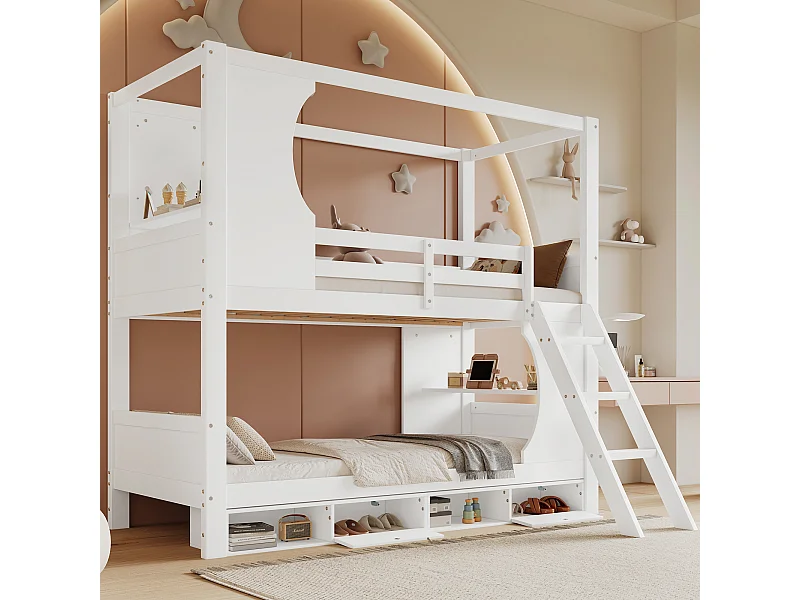 Etagenbett, Kinderbett mit Fallschutzgitter, mit Tisch, Schuhschrank mit vier Fächern