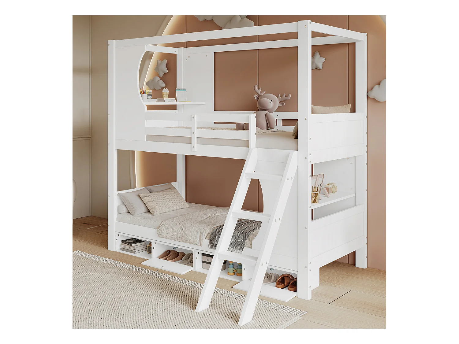 Etagenbett, Kinderbett mit Fallschutzgitter, mit Tisch, Schuhschrank mit vier Fächern