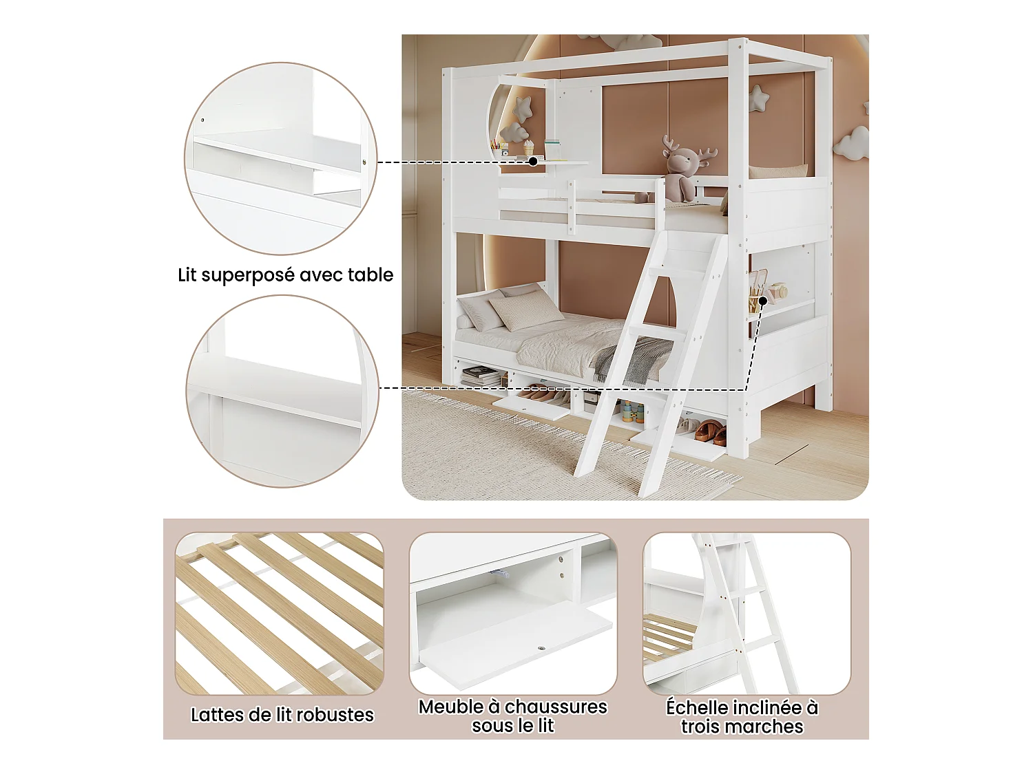 Etagenbett, Kinderbett mit Fallschutzgitter, mit Tisch, Schuhschrank mit vier Fächern