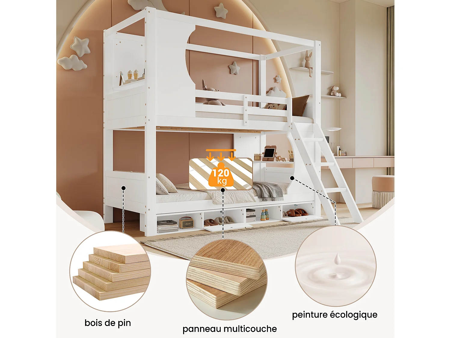Beliche com grade de segurança, mesa e sapateira com quatro compartimentos