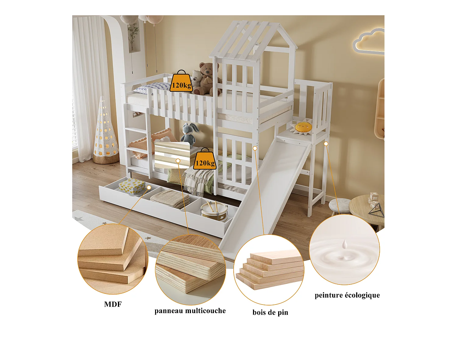 Etagenbett, Kinderbett, Große Schublade Mit Rollen, Spaßrutsche für Kinder