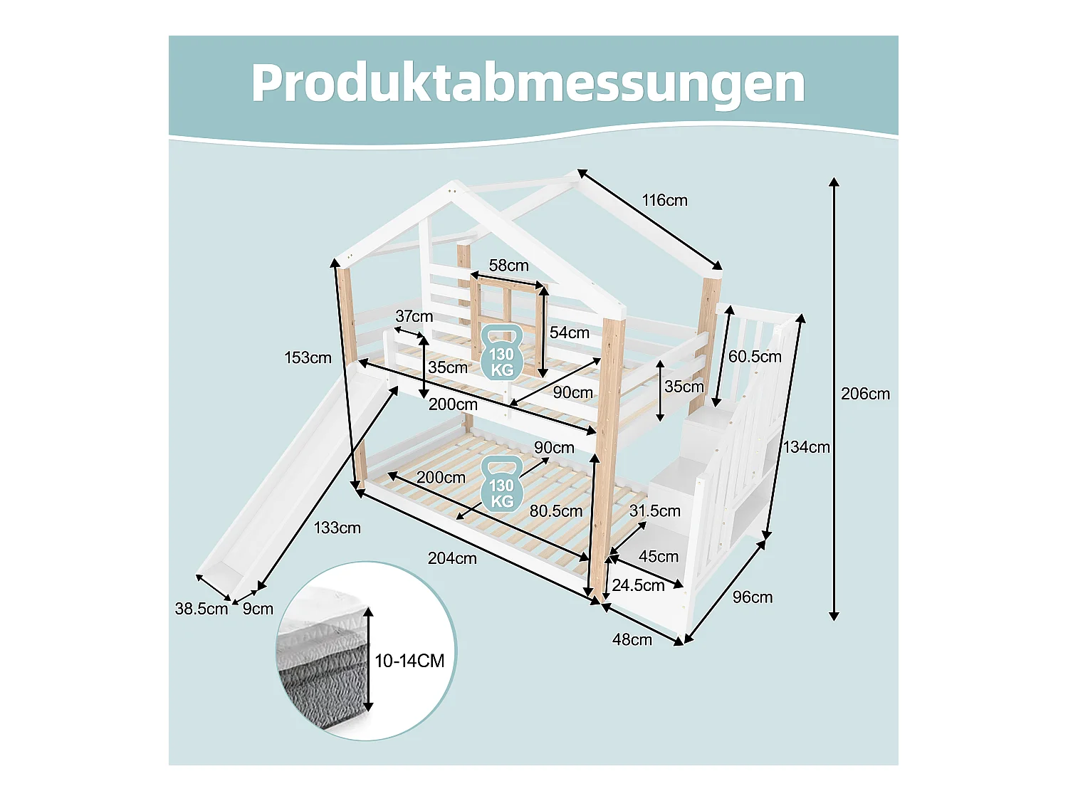 Kinder-Etagenbett mit Rutsche und Treppe im skandinavisches Stil, Massivholzkonstruktion