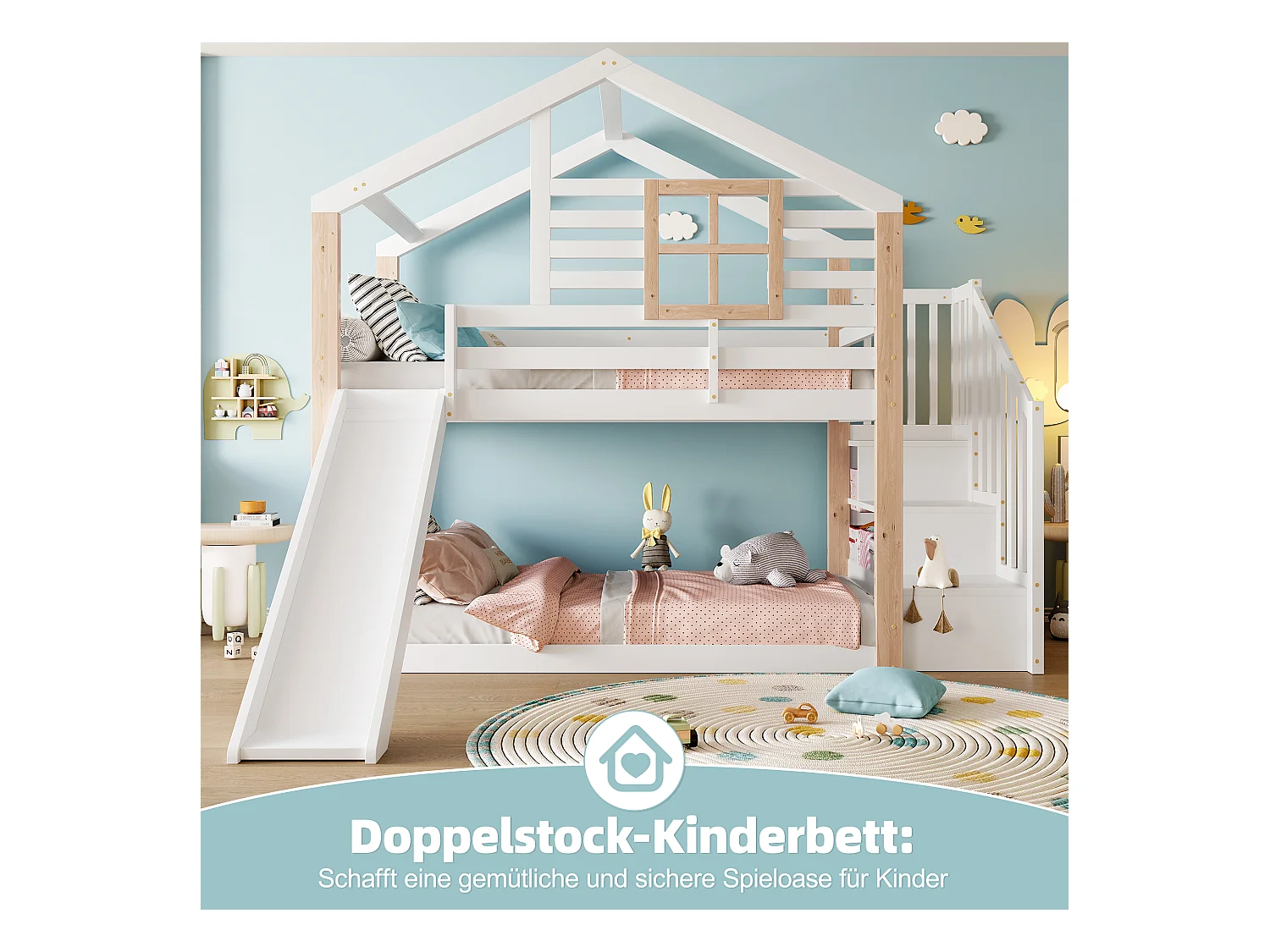 Kinder-Etagenbett mit Rutsche und Treppe im skandinavisches Stil, Massivholzkonstruktion