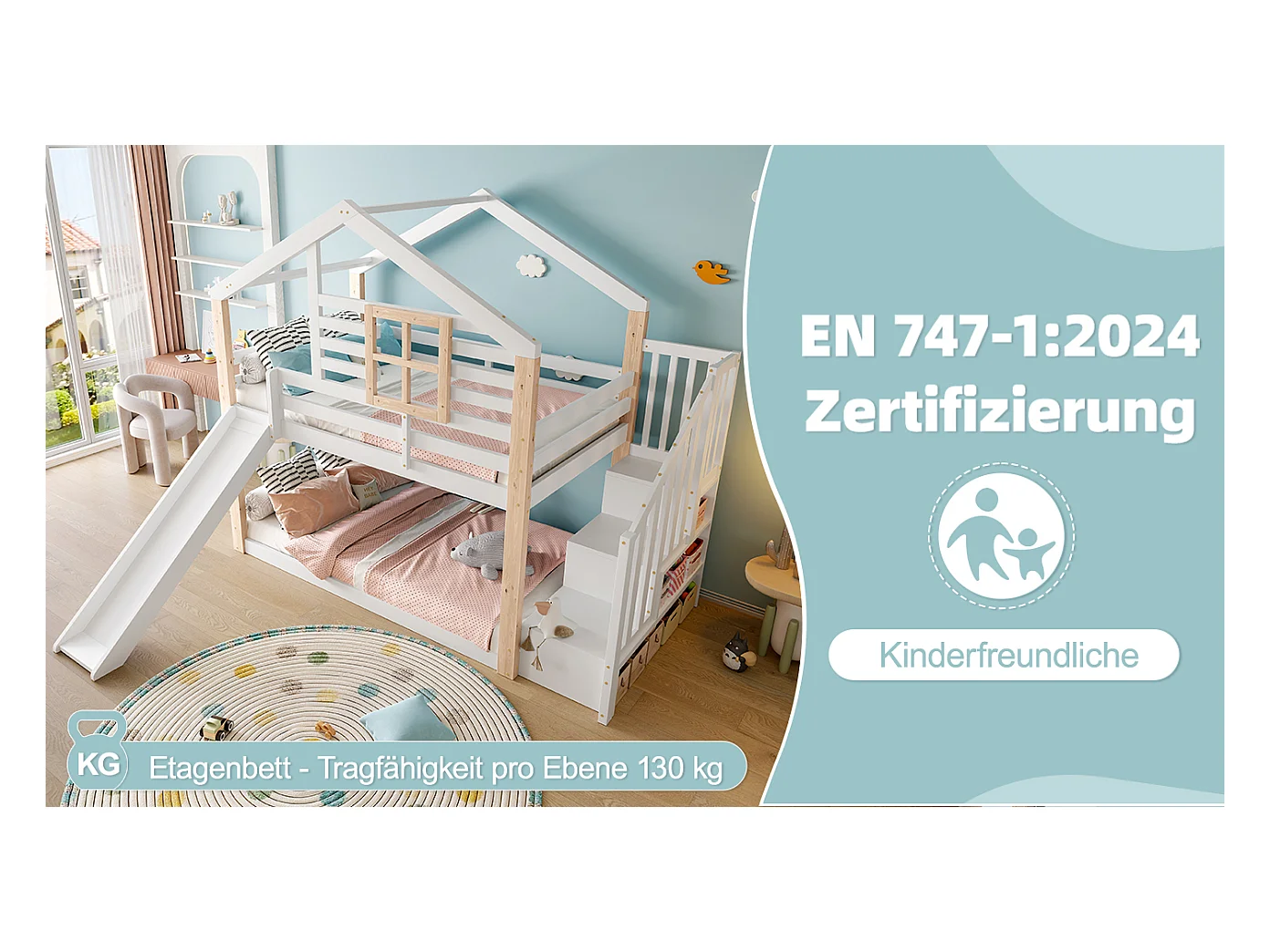 Kinder-Etagenbett mit Rutsche und Treppe im skandinavisches Stil, Massivholzkonstruktion