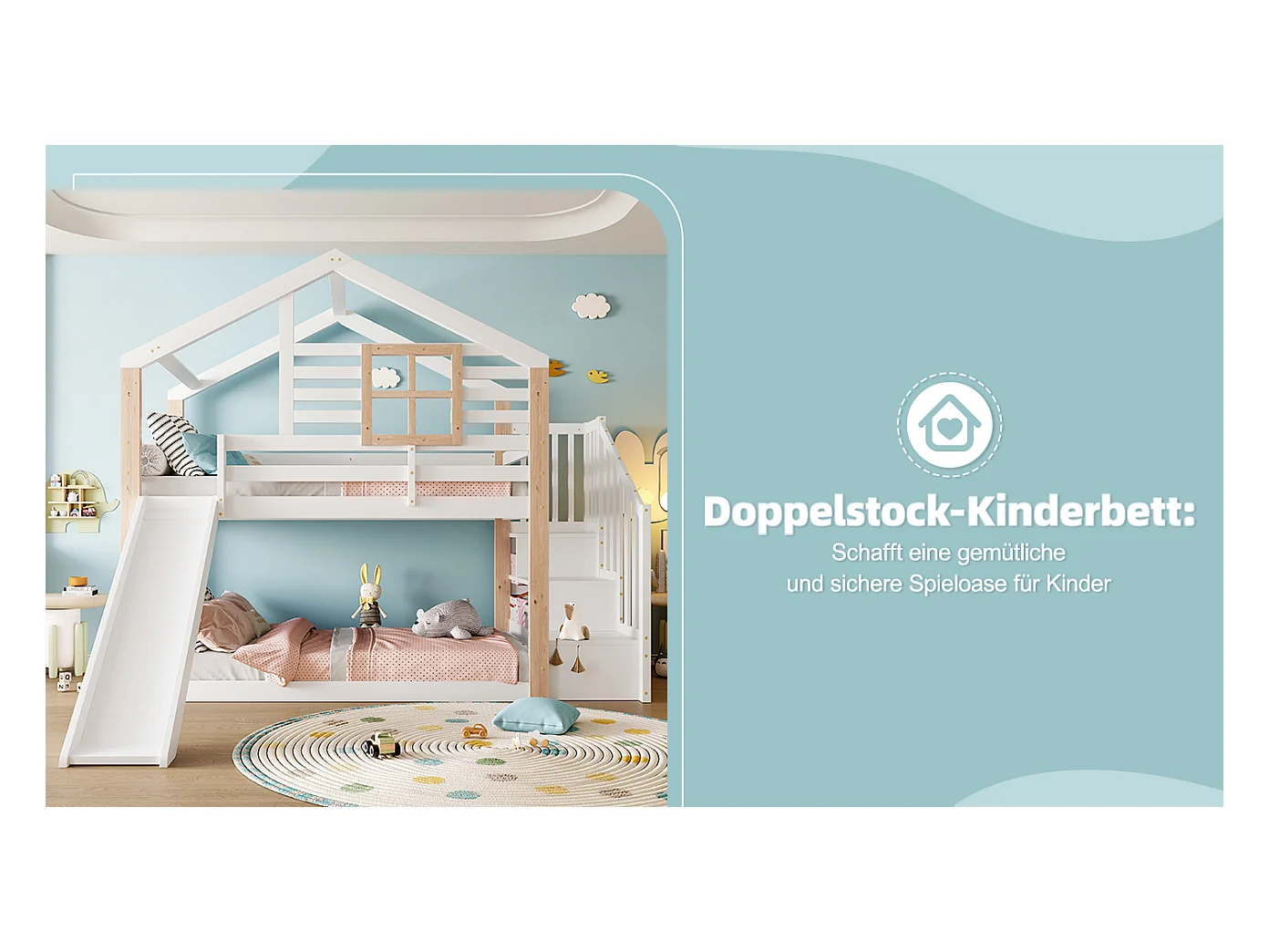Kinder-Etagenbett mit Rutsche und Treppe im skandinavisches Stil, Massivholzkonstruktion