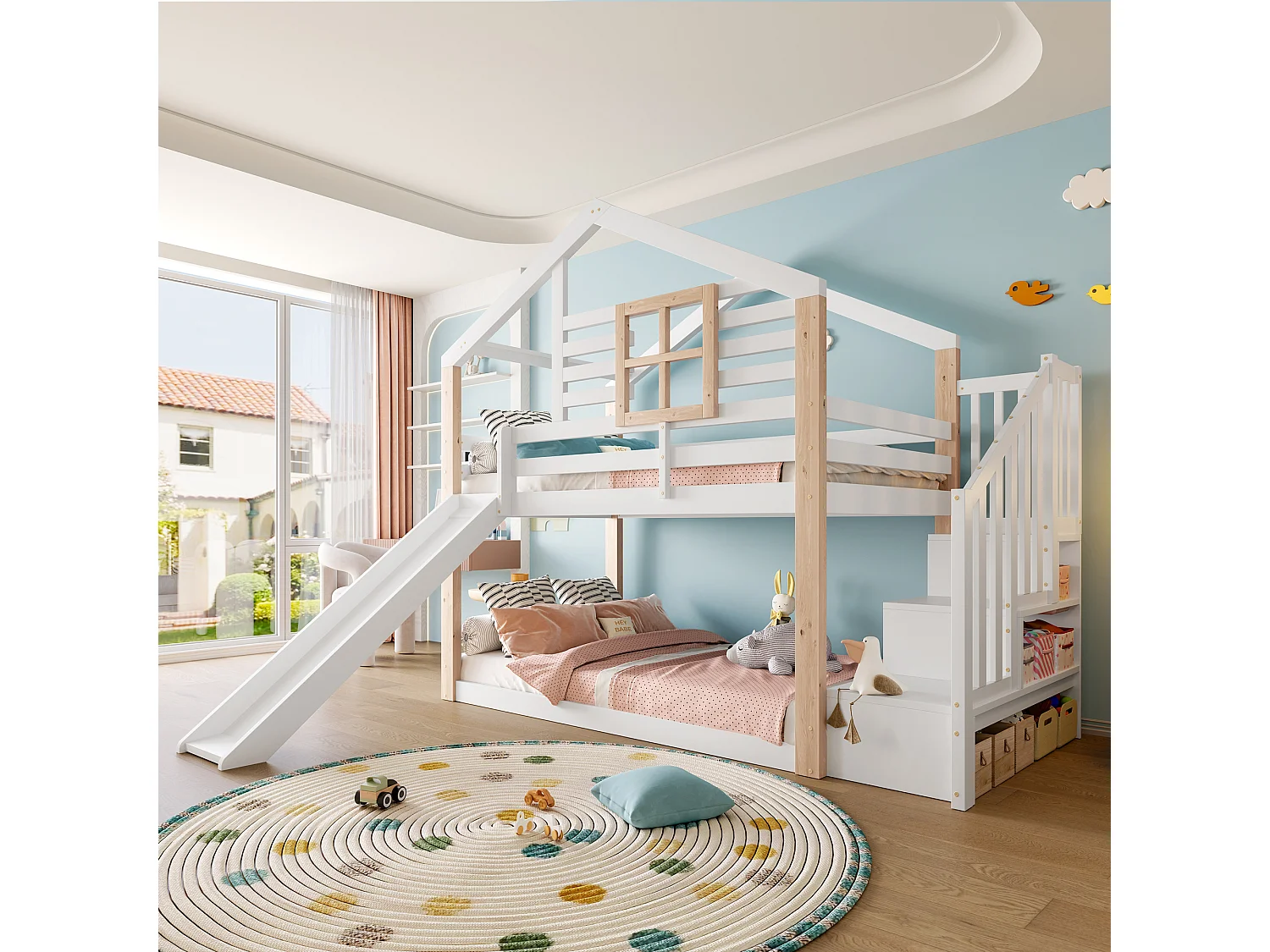 Litera infantil con tobogán y escalera de estilo escandinavo, de madera.