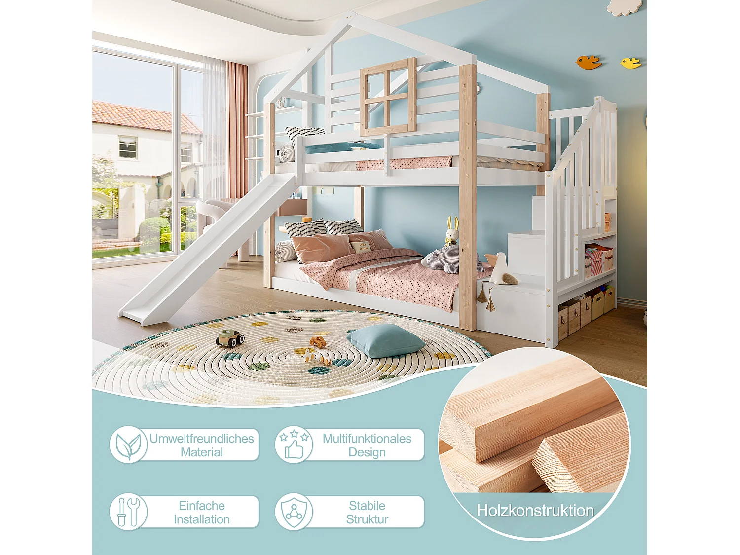 Litera infantil con tobogán y escalera de estilo escandinavo, de madera.
