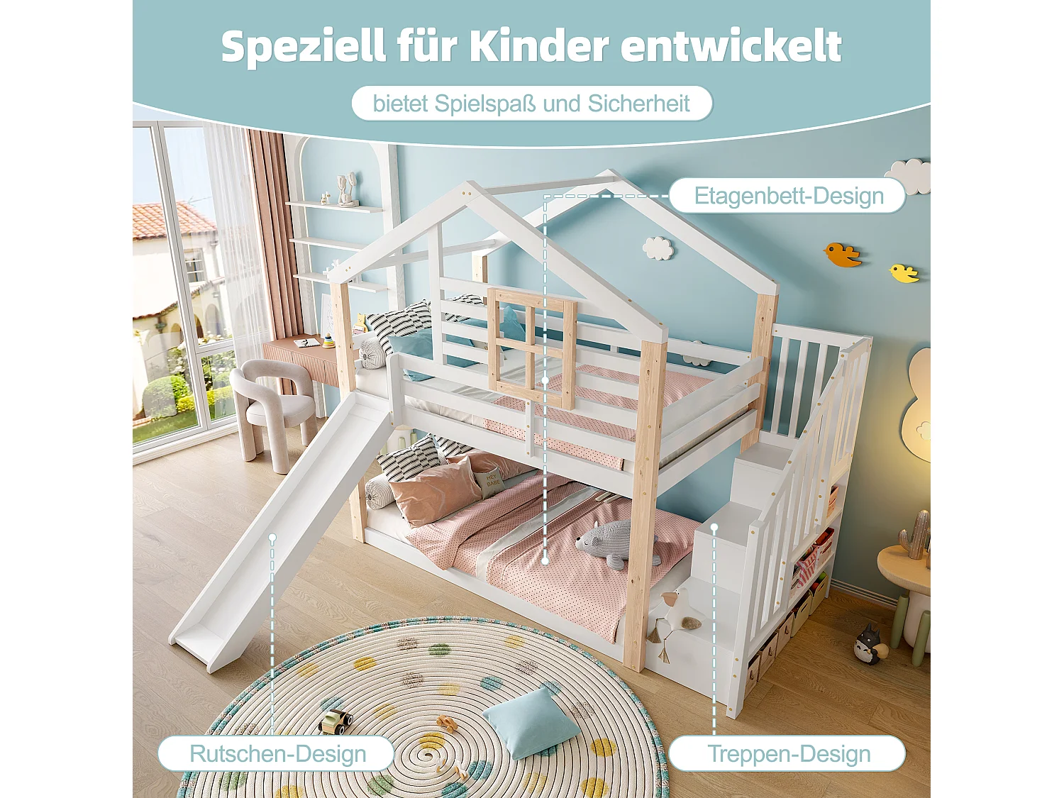 Litera infantil con tobogán y escalera de estilo escandinavo, de madera.