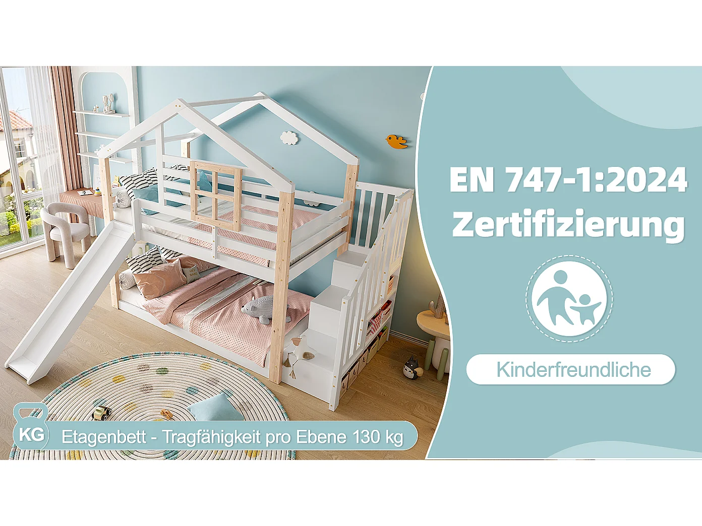 Litera infantil con tobogán y escalera de estilo escandinavo, de madera.