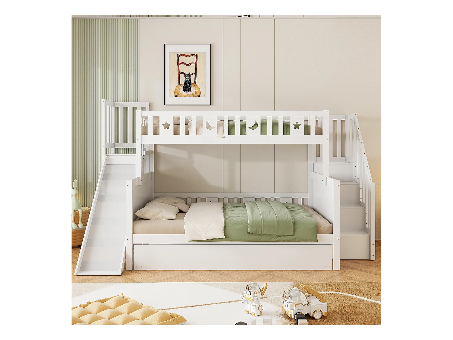 Kinderbett 90*200/140*200cm,Massivholz-Etagenbett mit Rutsche und Regal