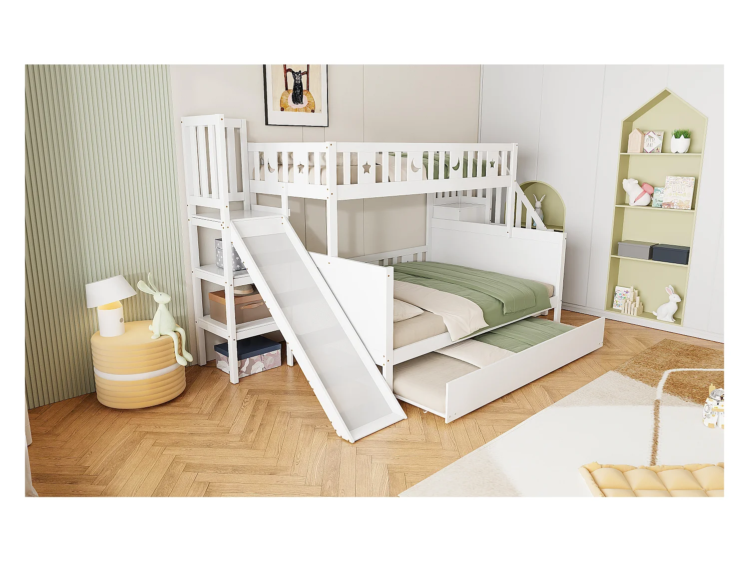 Kinderbett 90*200/140*200cm,Massivholz-Etagenbett mit Rutsche und Regal