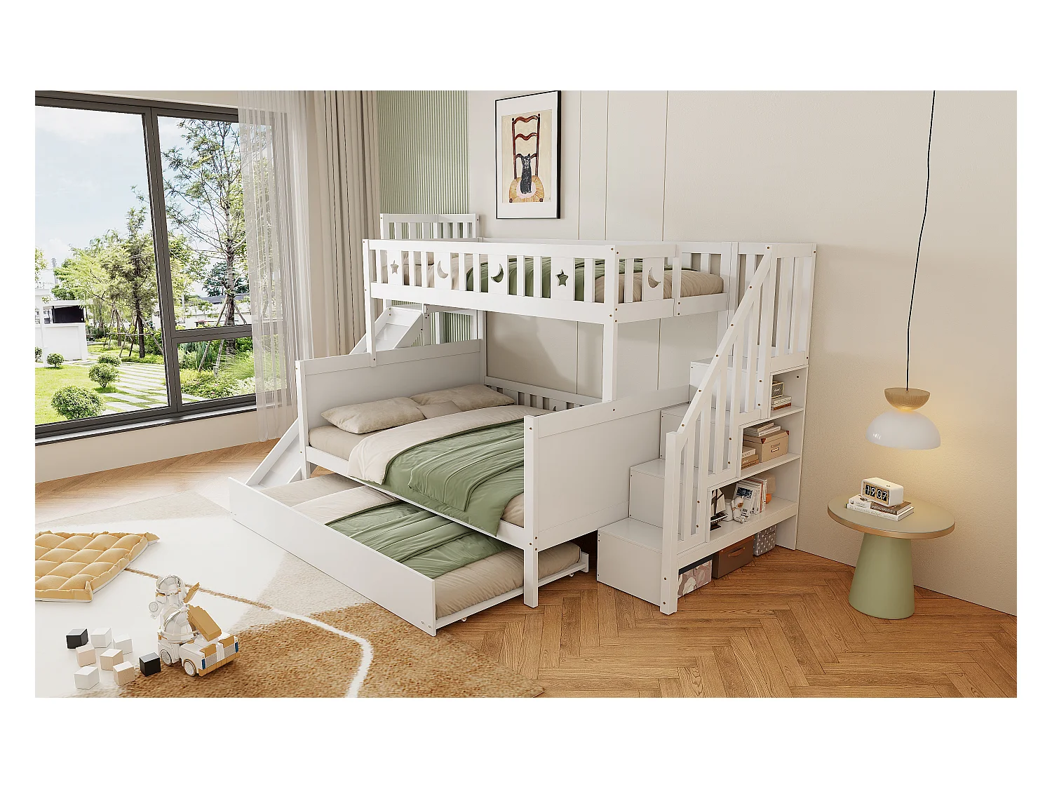 Kinderbett 90*200/140*200cm,Massivholz-Etagenbett mit Rutsche und Regal