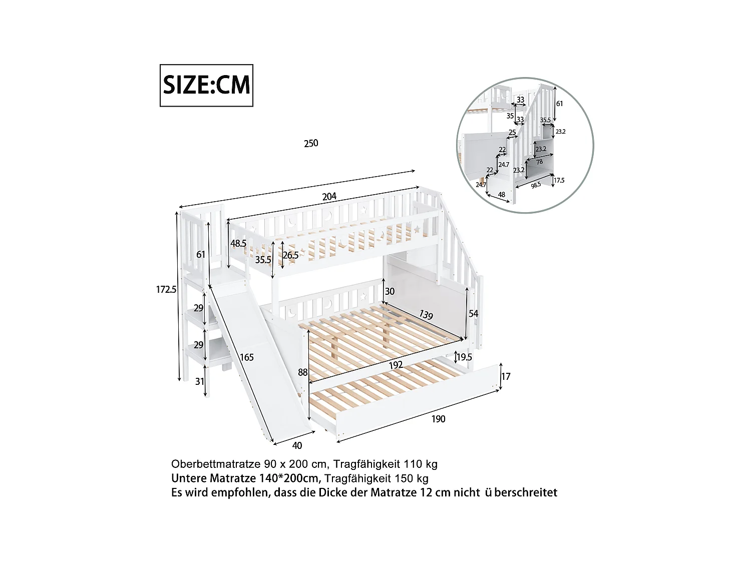 Kinderbett 90*200/140*200cm,Massivholz-Etagenbett mit Rutsche und Regal