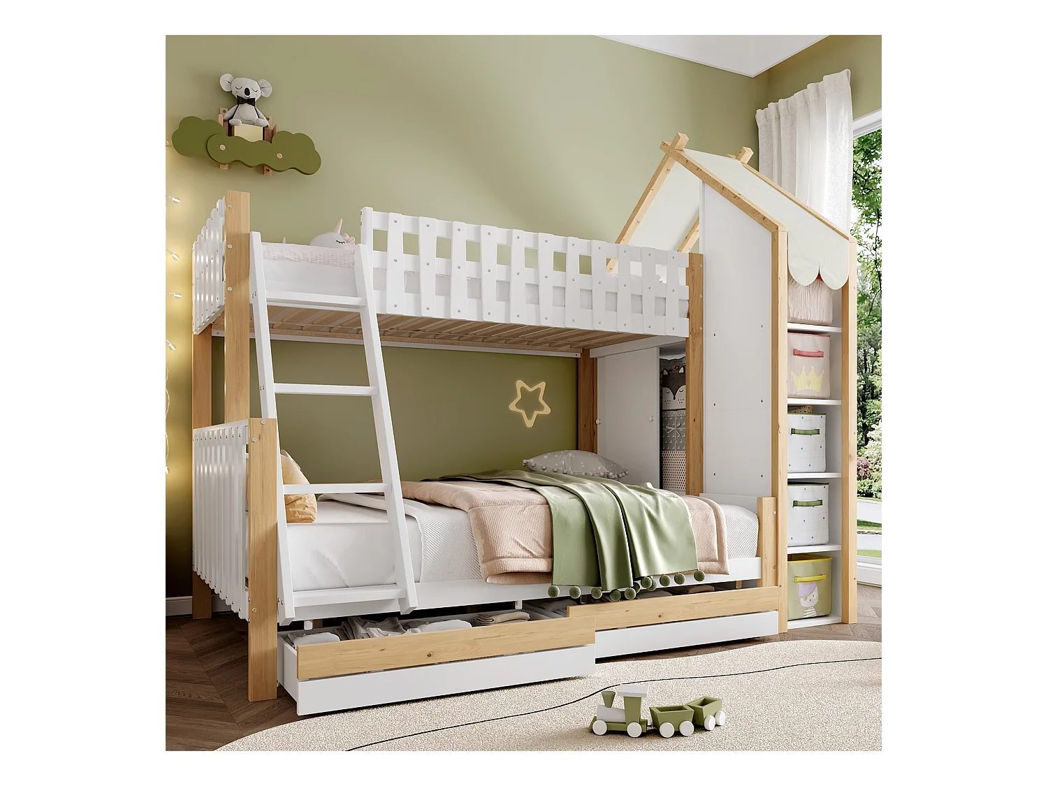 Etagenbett, 90x200cm+140x200cm, Bettgitter, Hausleiste,  Leiter, 2 Schubladen