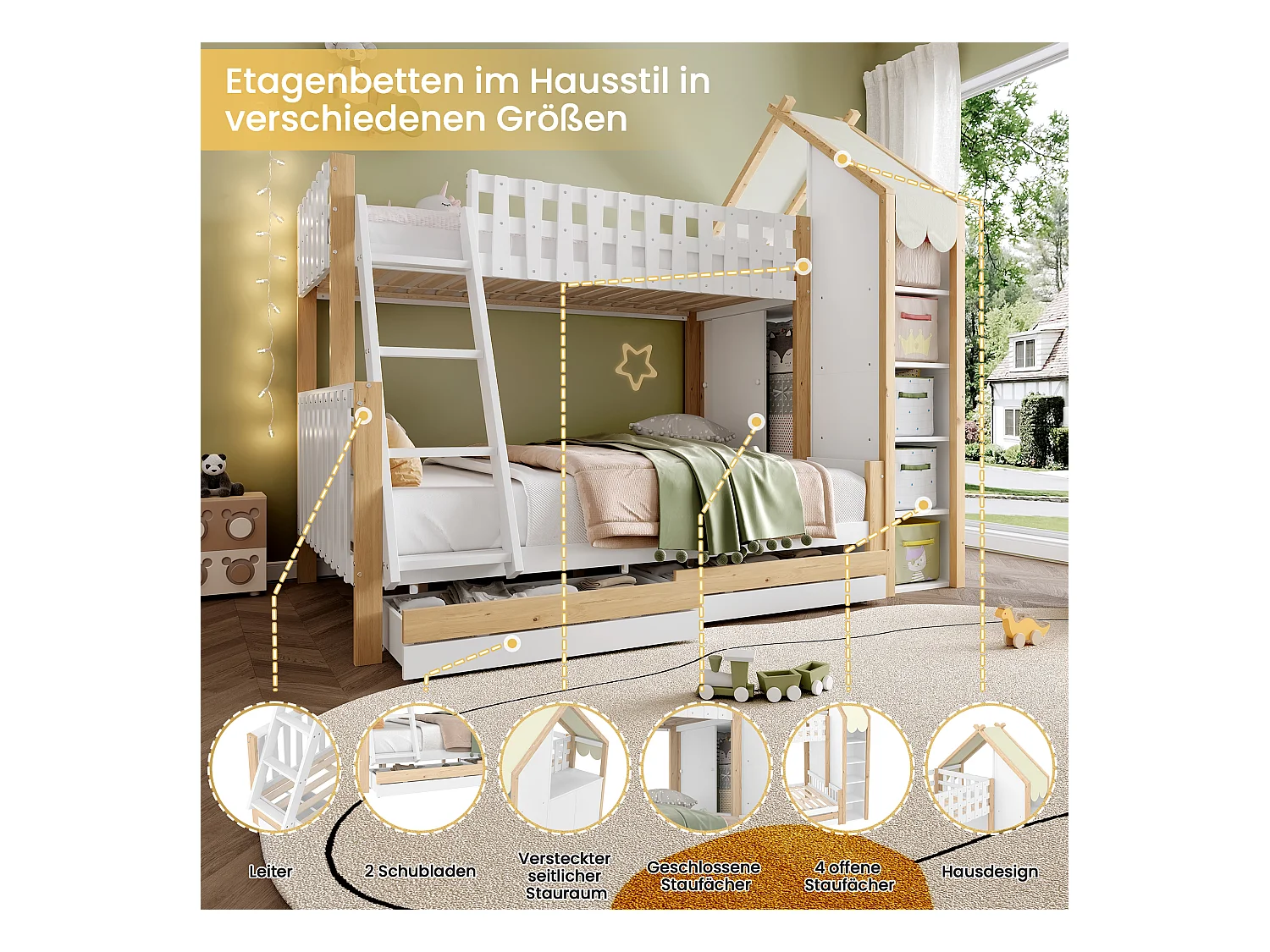 Etagenbett, 90x200cm+140x200cm, Bettgitter, Hausleiste,  Leiter, 2 Schubladen