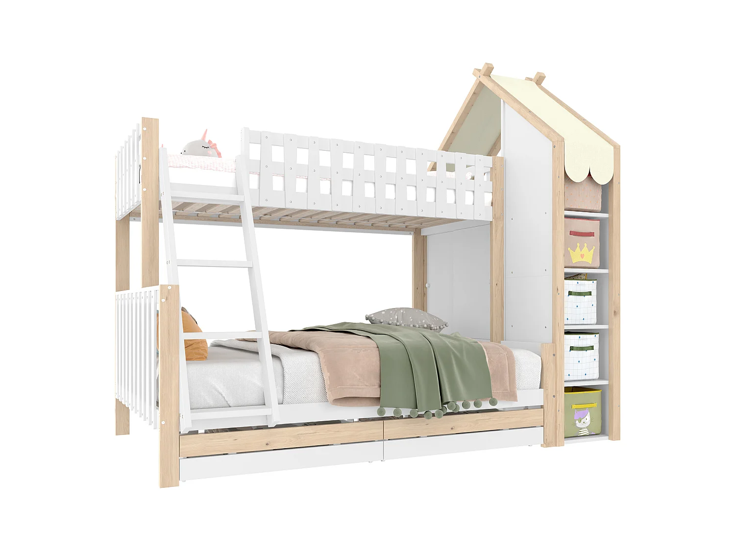 Etagenbett, 90x200cm+140x200cm, Bettgitter, Hausleiste,  Leiter, 2 Schubladen