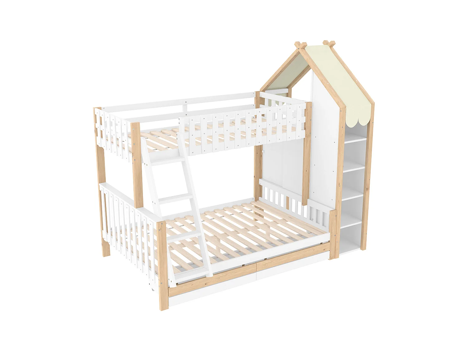 Etagenbett, 90x200cm+140x200cm, Bettgitter, Hausleiste,  Leiter, 2 Schubladen