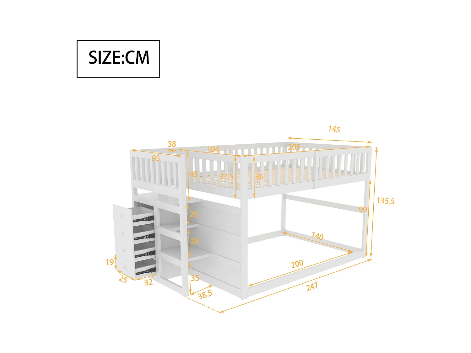 Niedriges Etagenbett140 x 200 cm, Sicherheits-Etagenbett mit Staufach, hohes Zaun-Design
