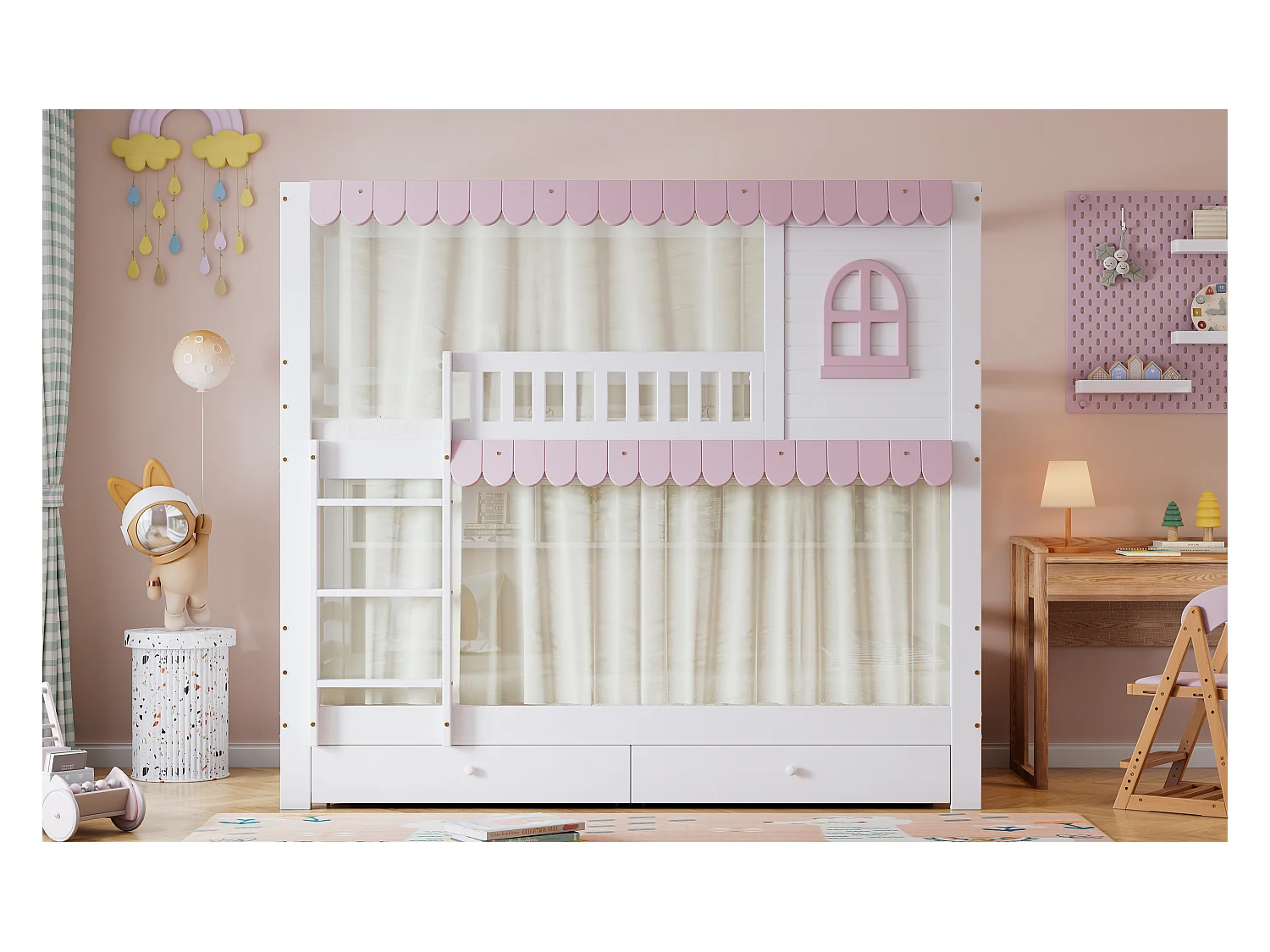 Etagenbett, Kinderbett Mit Fenstern und Vorhängen, mit Fallschutzgitter, Offenes Regal