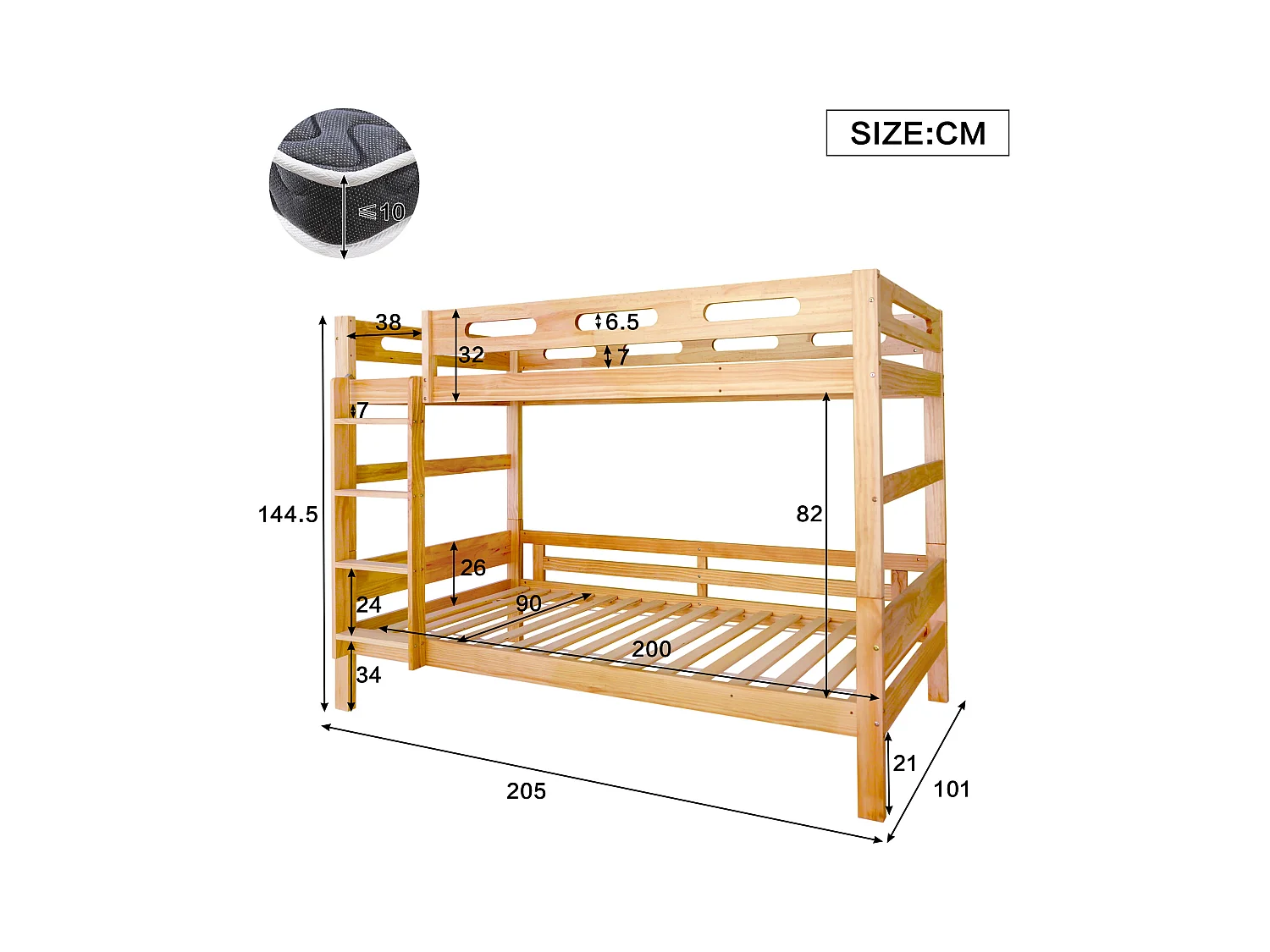 Etagenbett für Kinder und Jugendliche, Kinderbett, unkomplizierte Montage,90x200cm