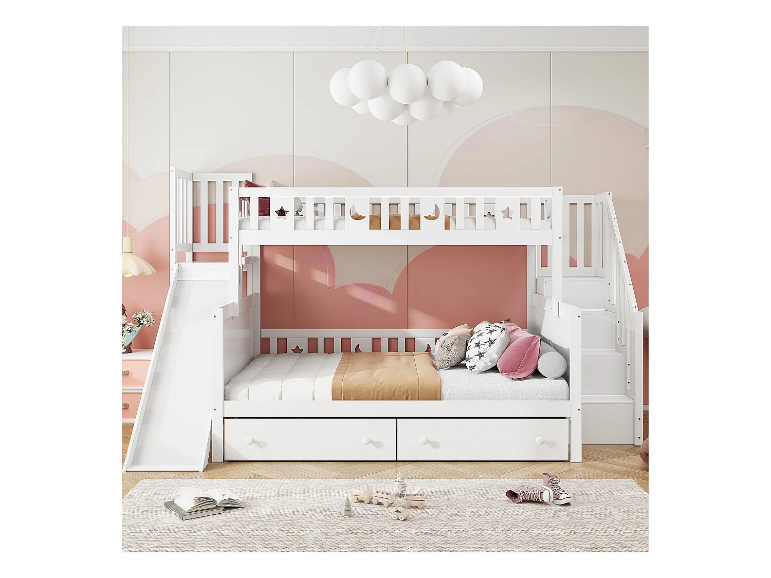 Kinderbett 90*200/140*200 cm, Massivholz-Etagenbett mit Rutsche und Regal