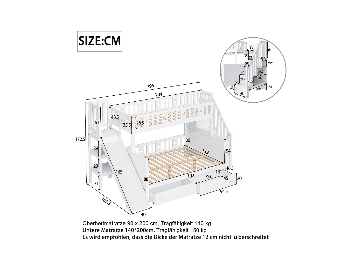 Kinderbett 90*200/140*200 cm, Massivholz-Etagenbett mit Rutsche und Regal