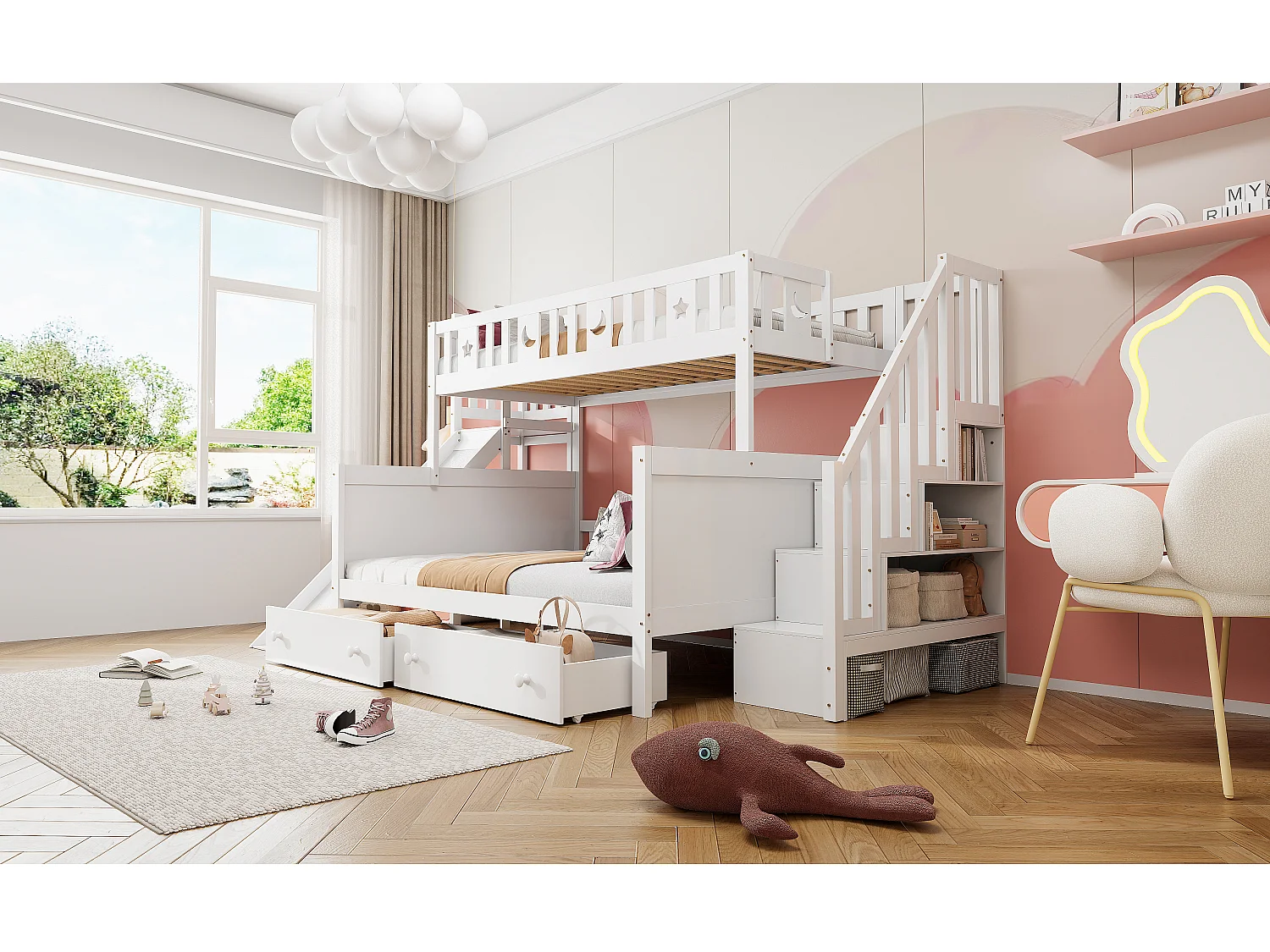 Kinderbett 90*200/140*200 cm, Massivholz-Etagenbett mit Rutsche und Regal