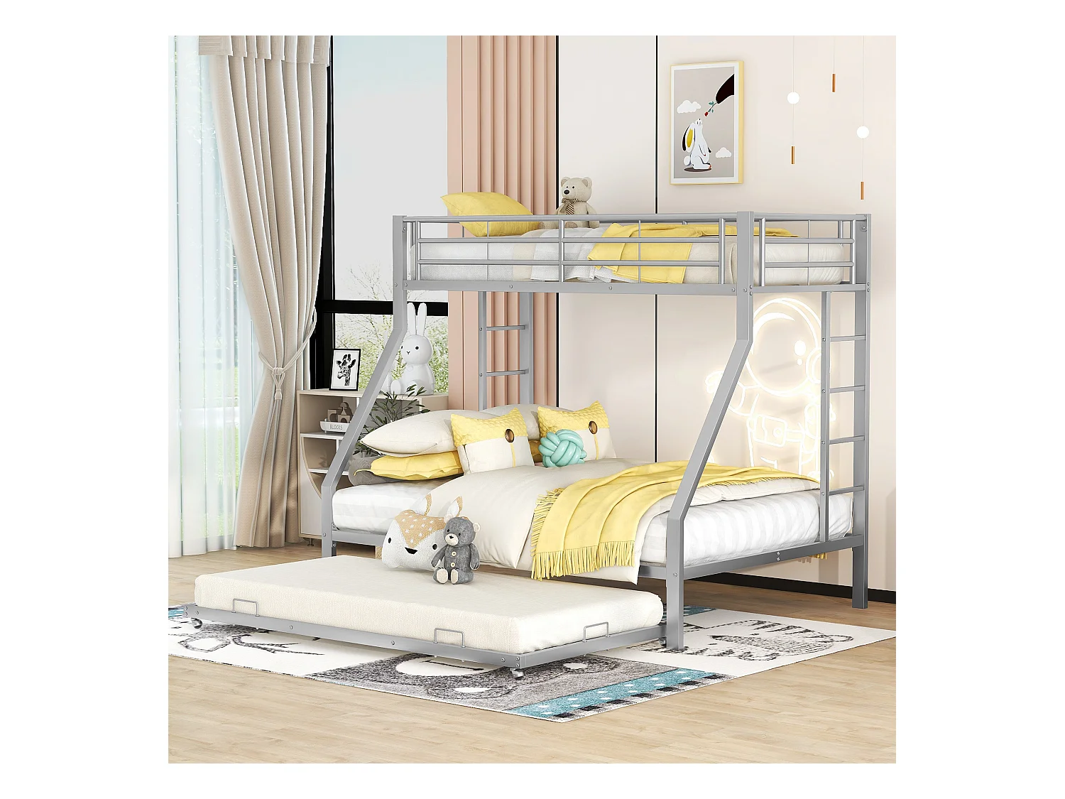 Letto a castello in metallo con letto estraibile e scaletta su ogni lato, ideale per bambini