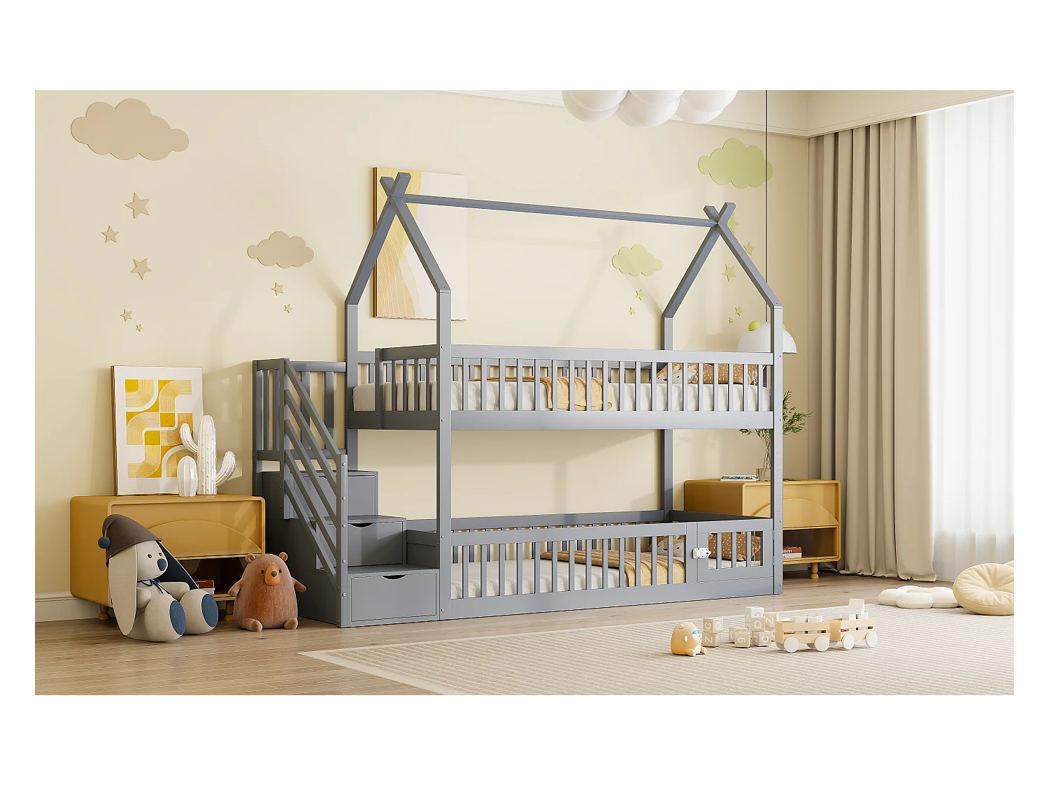 90x200 Kinder-Etagenbett Massivholzbett mit Dach, Sicherheitstreppe und Stauraumschubladen