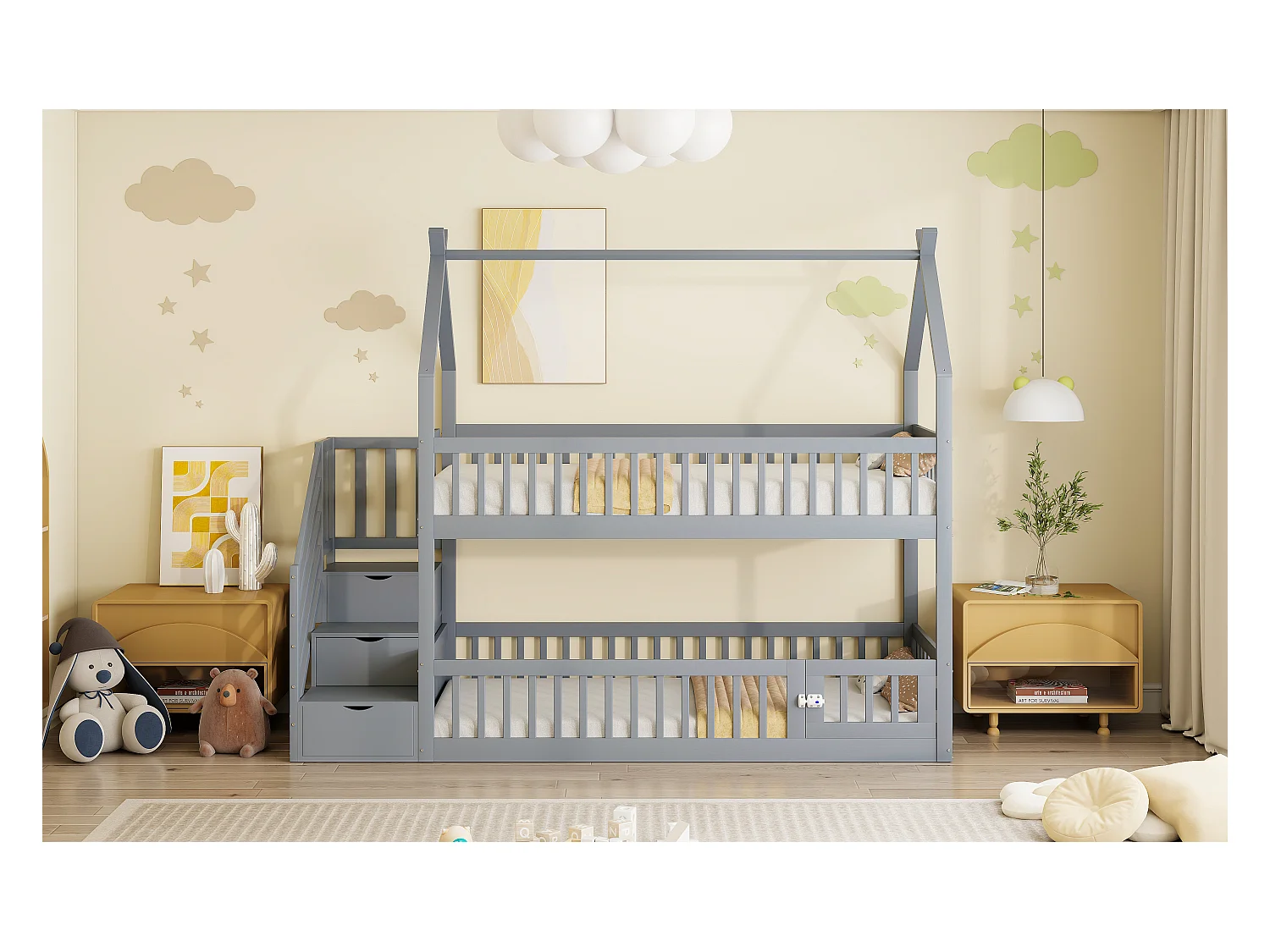 90x200 Kinder-Etagenbett Massivholzbett mit Dach, Sicherheitstreppe und Stauraumschubladen