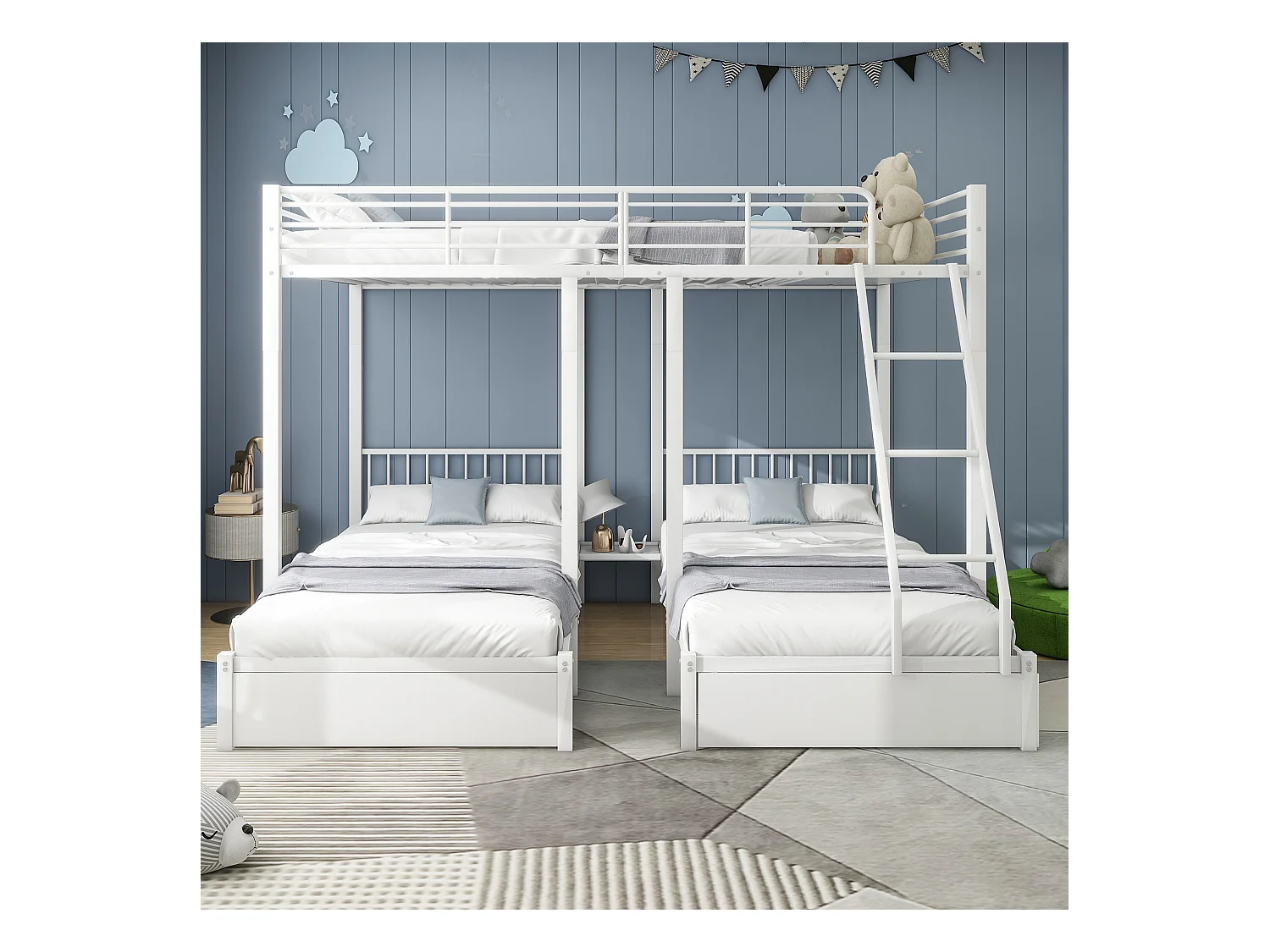 Dreifaches Etagenbett mit Schubladen, Metallbettrahmen,multifunktionales Metallrahmenbett