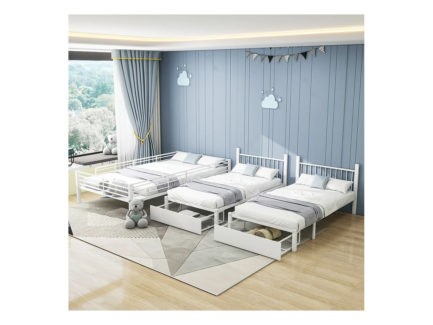 Dreifaches Etagenbett mit Schubladen, Metallbettrahmen,multifunktionales Metallrahmenbett
