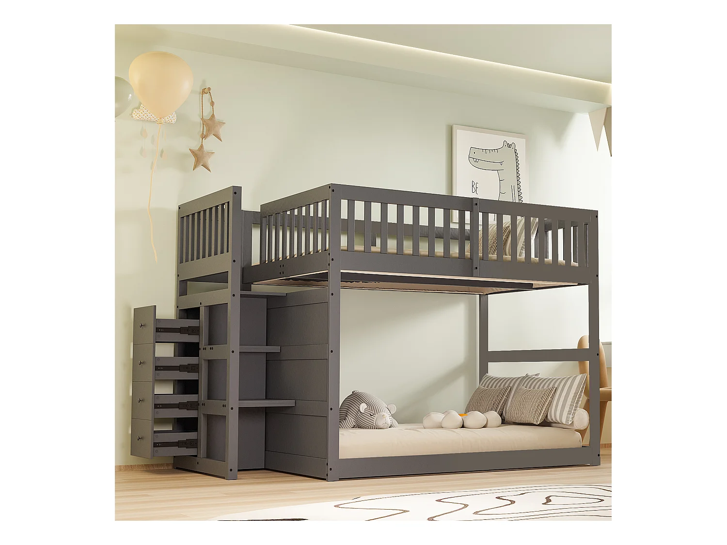 Niedriges Etagenbett140 x 200 cm, Sicherheits-Etagenbett mit Staufach, hohes Zaun-Design