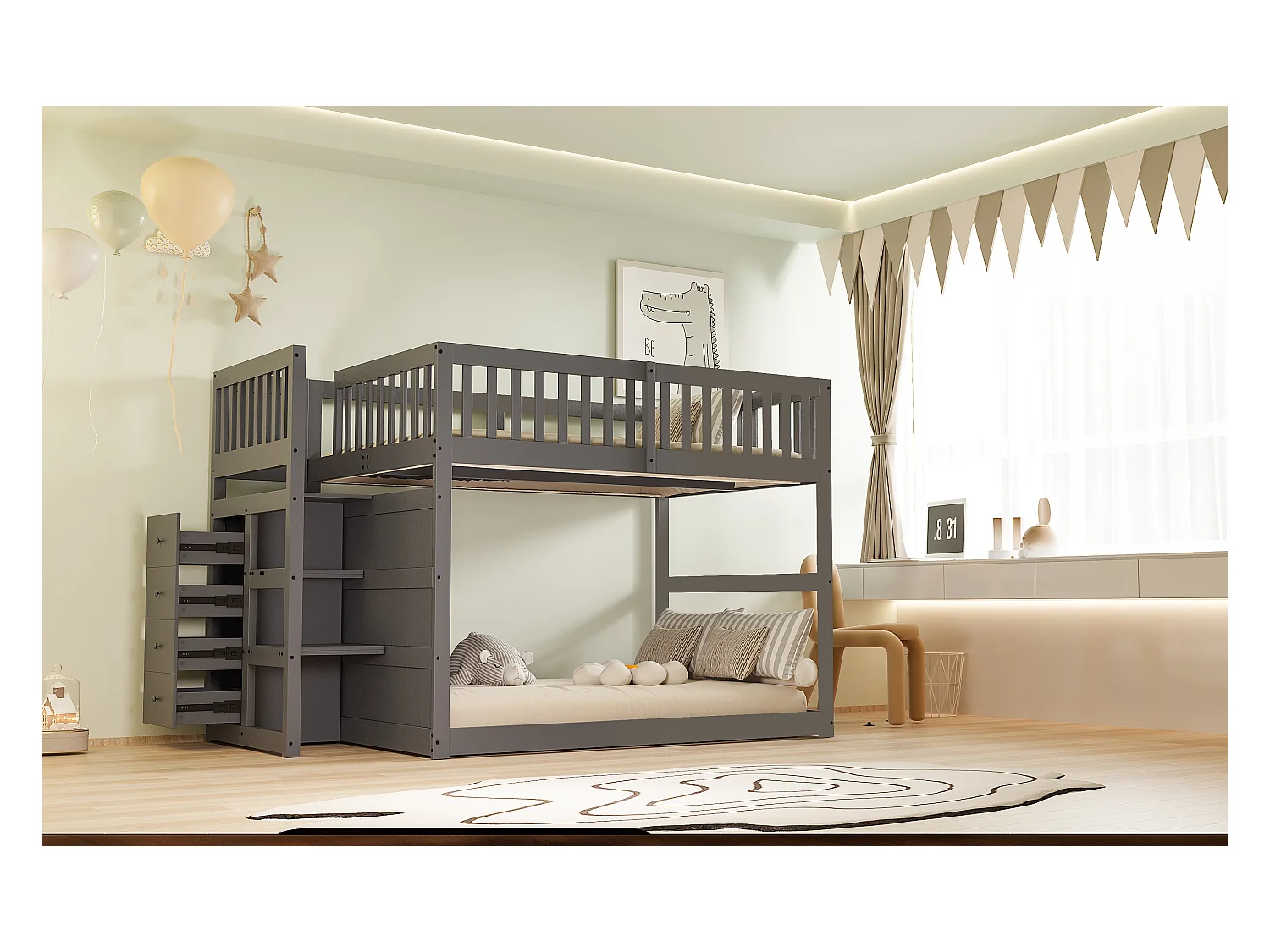 Niedriges Etagenbett140 x 200 cm, Sicherheits-Etagenbett mit Staufach, hohes Zaun-Design