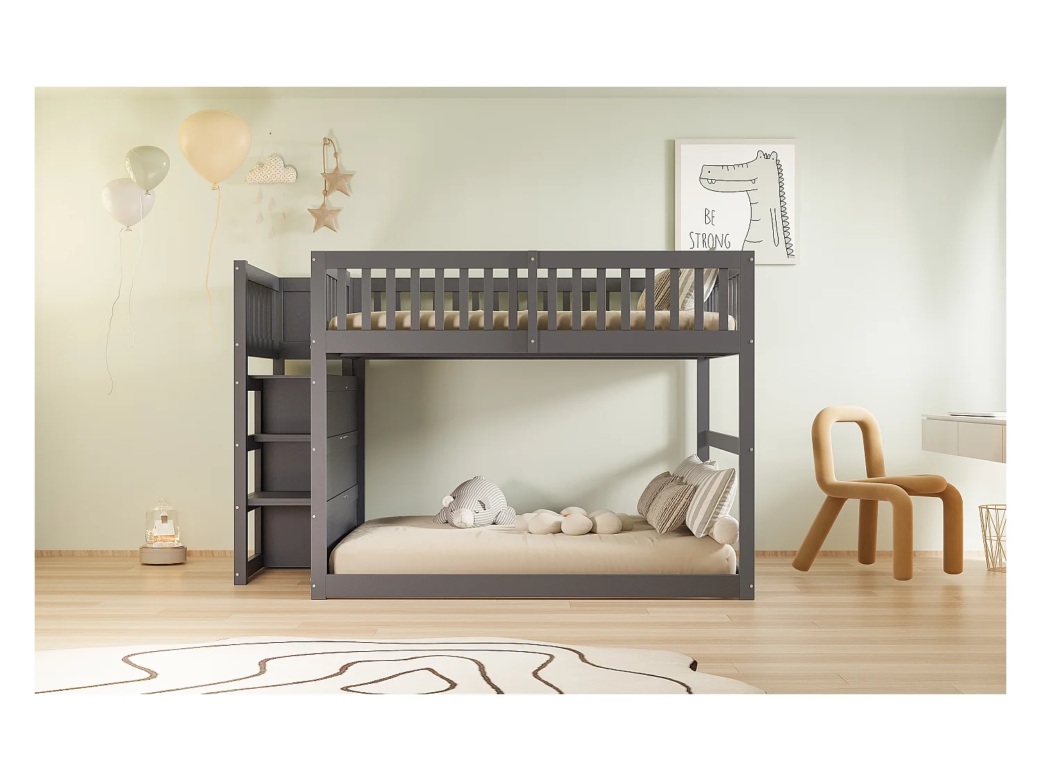 Niedriges Etagenbett140 x 200 cm, Sicherheits-Etagenbett mit Staufach, hohes Zaun-Design