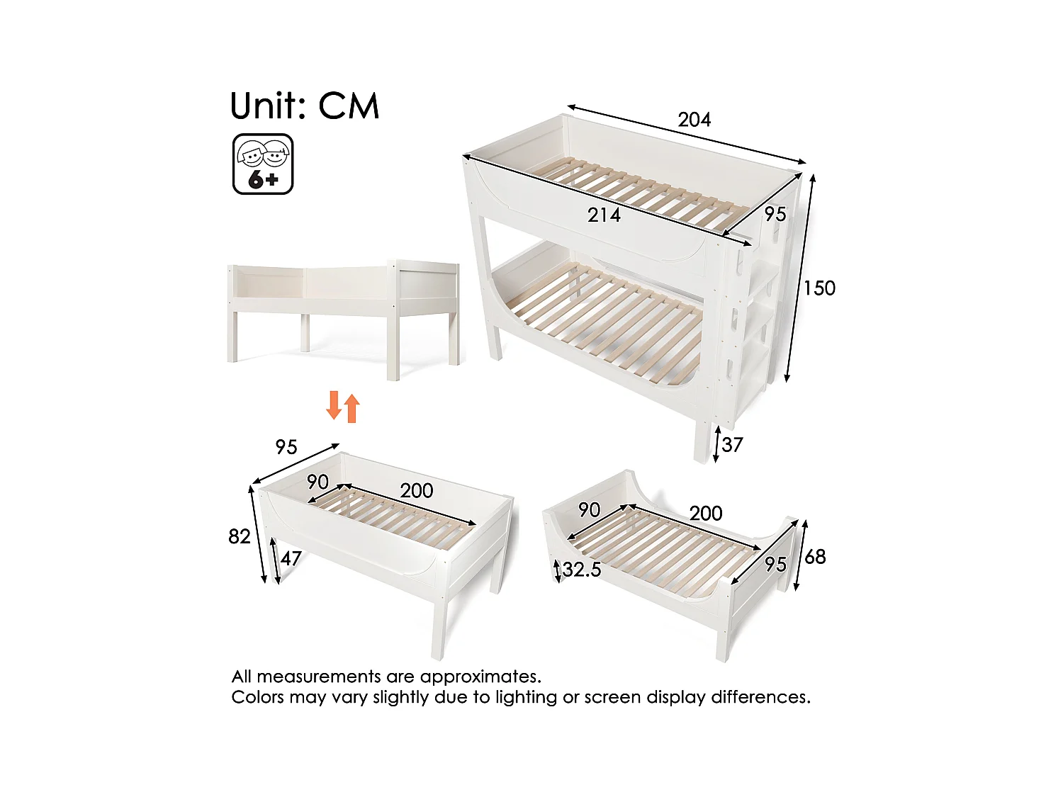 Trennbares Etagenbett 90x200cm mit Flexibel am Kopf-/Fußende montierbarer Leiter