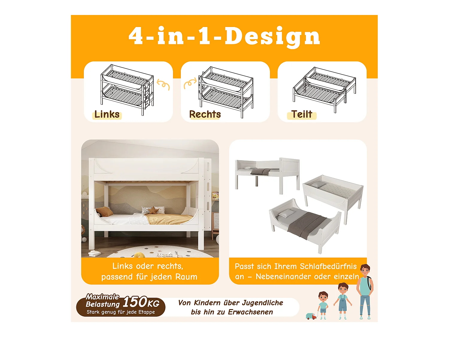 Trennbares Etagenbett 90x200cm mit Flexibel am Kopf-/Fußende montierbarer Leiter