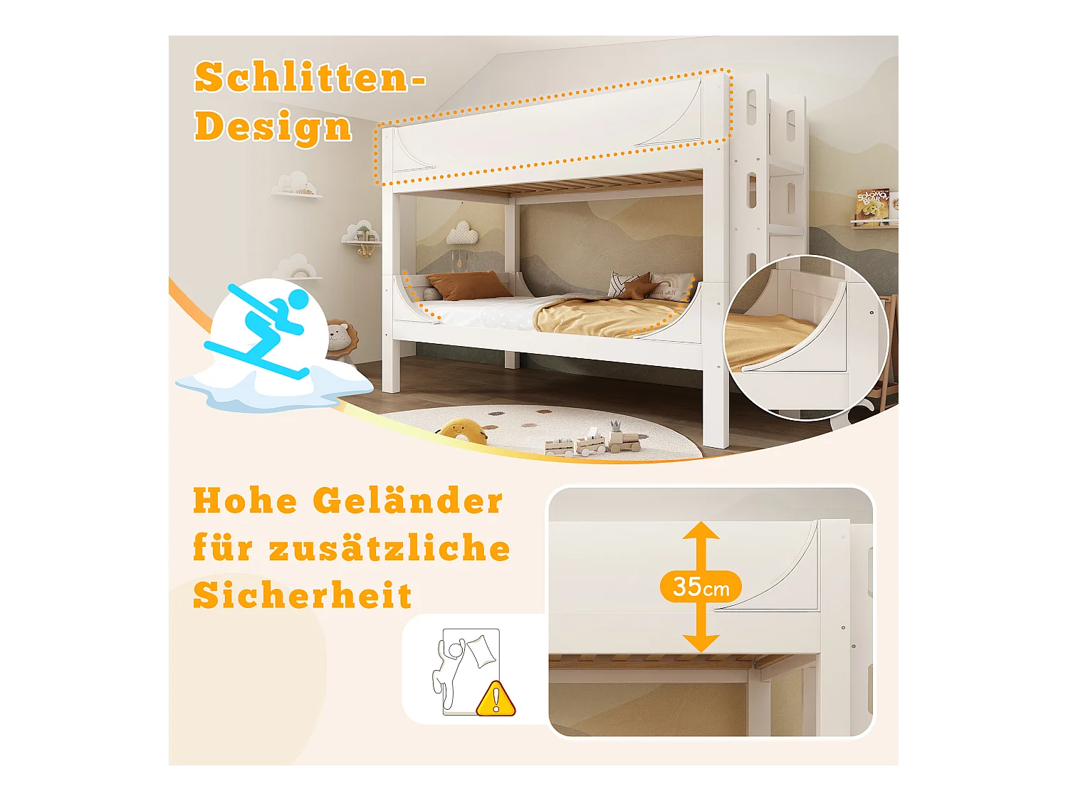 Trennbares Etagenbett 90x200cm mit Flexibel am Kopf-/Fußende montierbarer Leiter