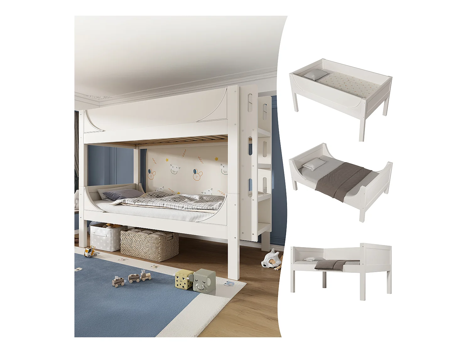 Trennbares Etagenbett 90x200cm mit Flexibel am Kopf-/Fußende montierbarer Leiter