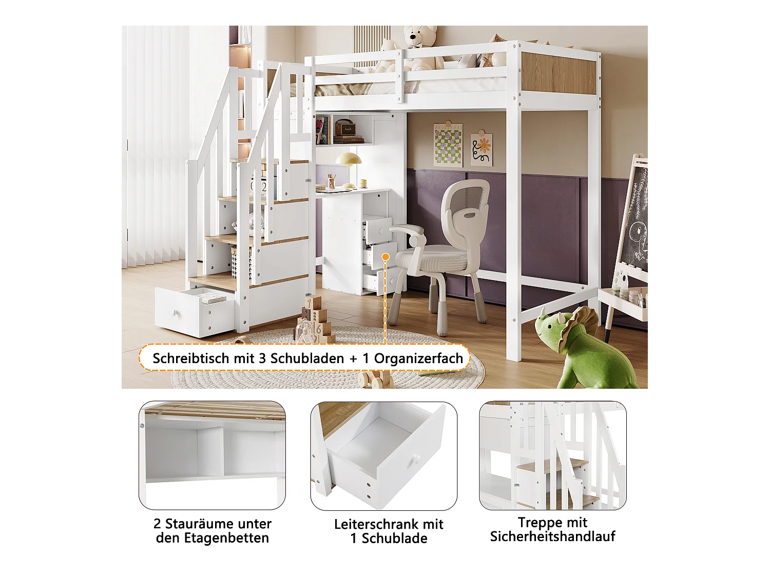 Etagenbett, Kinderbett, Mit farblich abgesetztem Fallschutzgitter