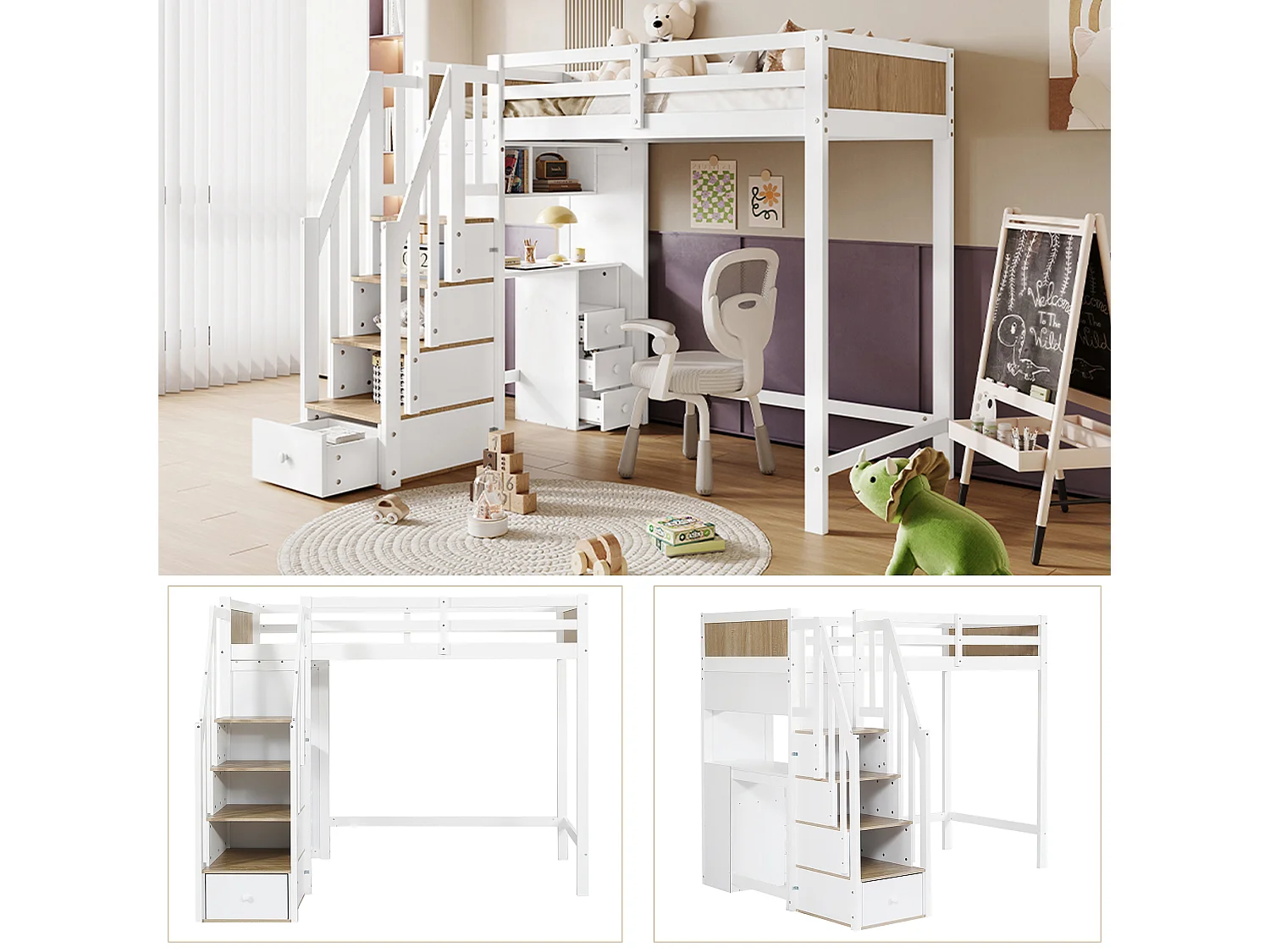 Lit superposé, lit enfant, avec barrière de sécurité contrastée, bureau à 3 tiroirs