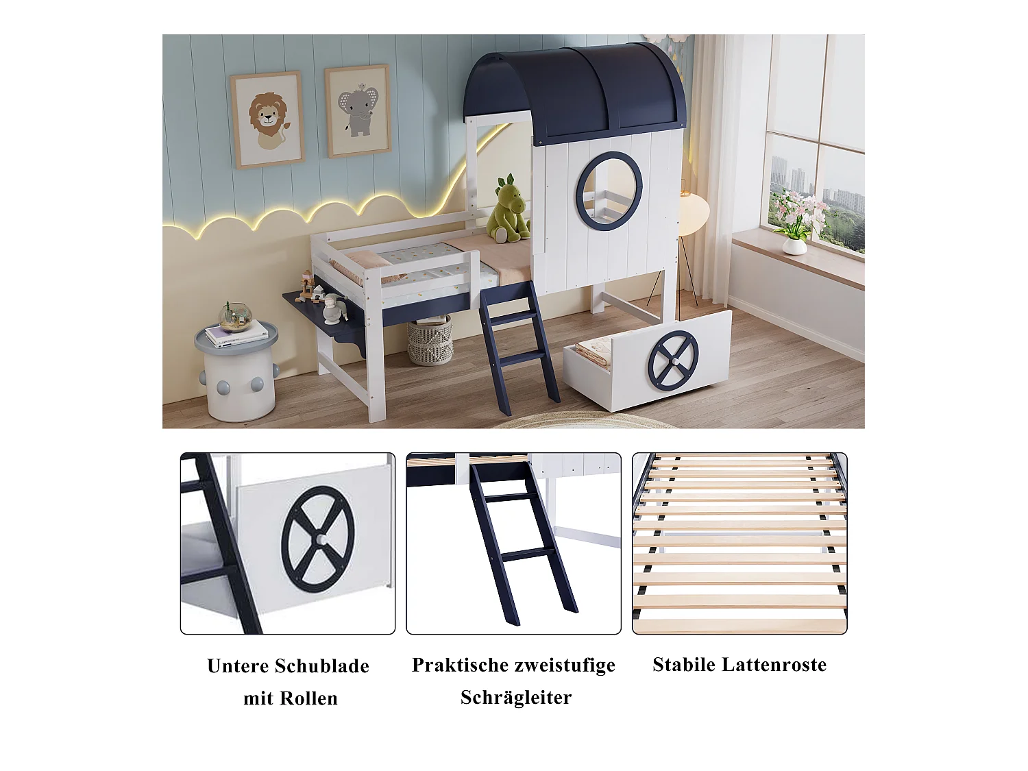 Halfhoog stapelbed, kinderbed met dak en raam, onderste lade op wielen