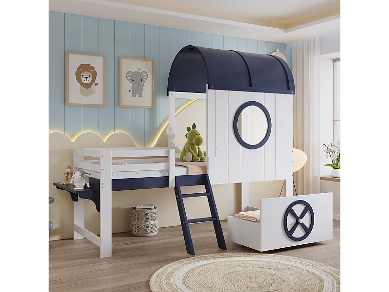 Halfhoog stapelbed, kinderbed met dak en raam, onderste lade op wielen