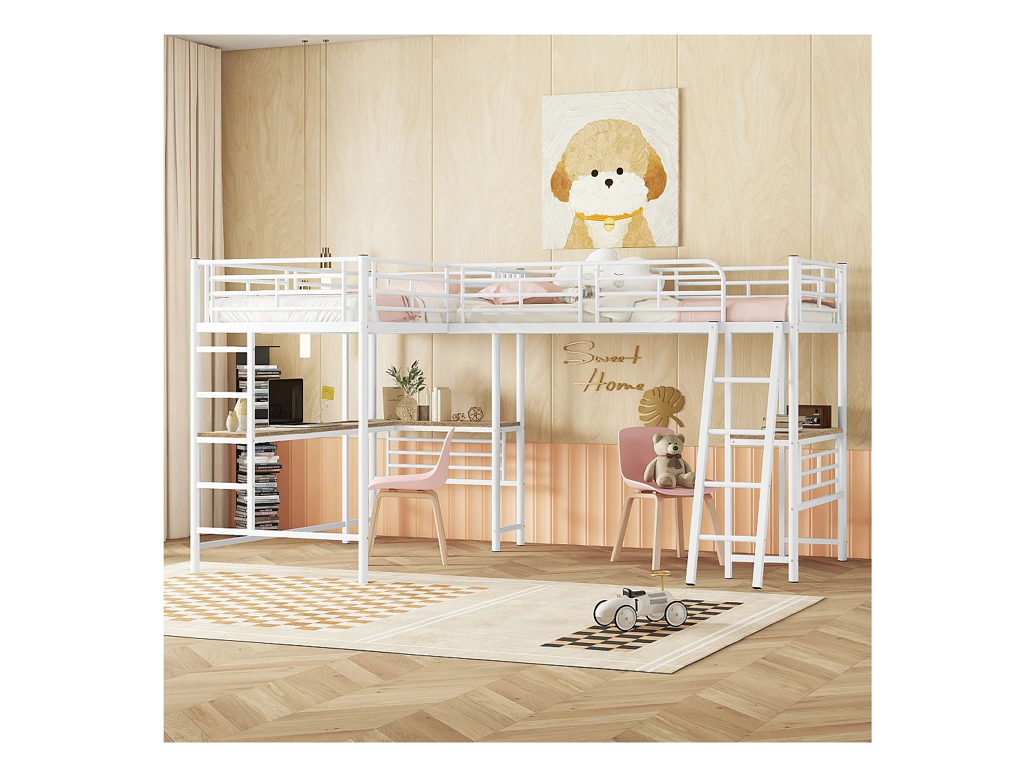 Lit mezzanine 90 x 200 cm, deux lits superposés, table sous le lit, double escalier