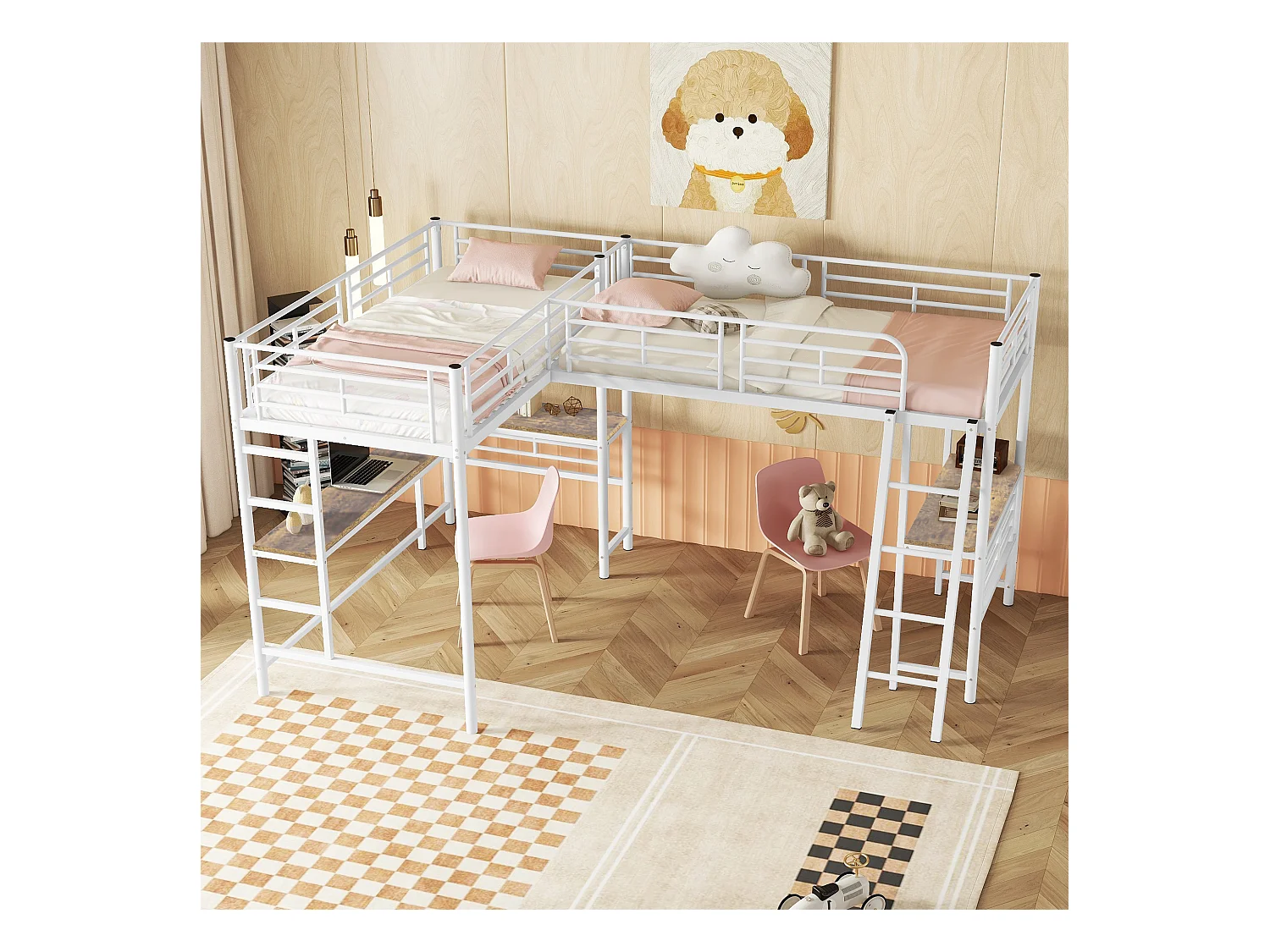 Lit mezzanine 90 x 200 cm, deux lits superposés, table sous le lit, double escalier