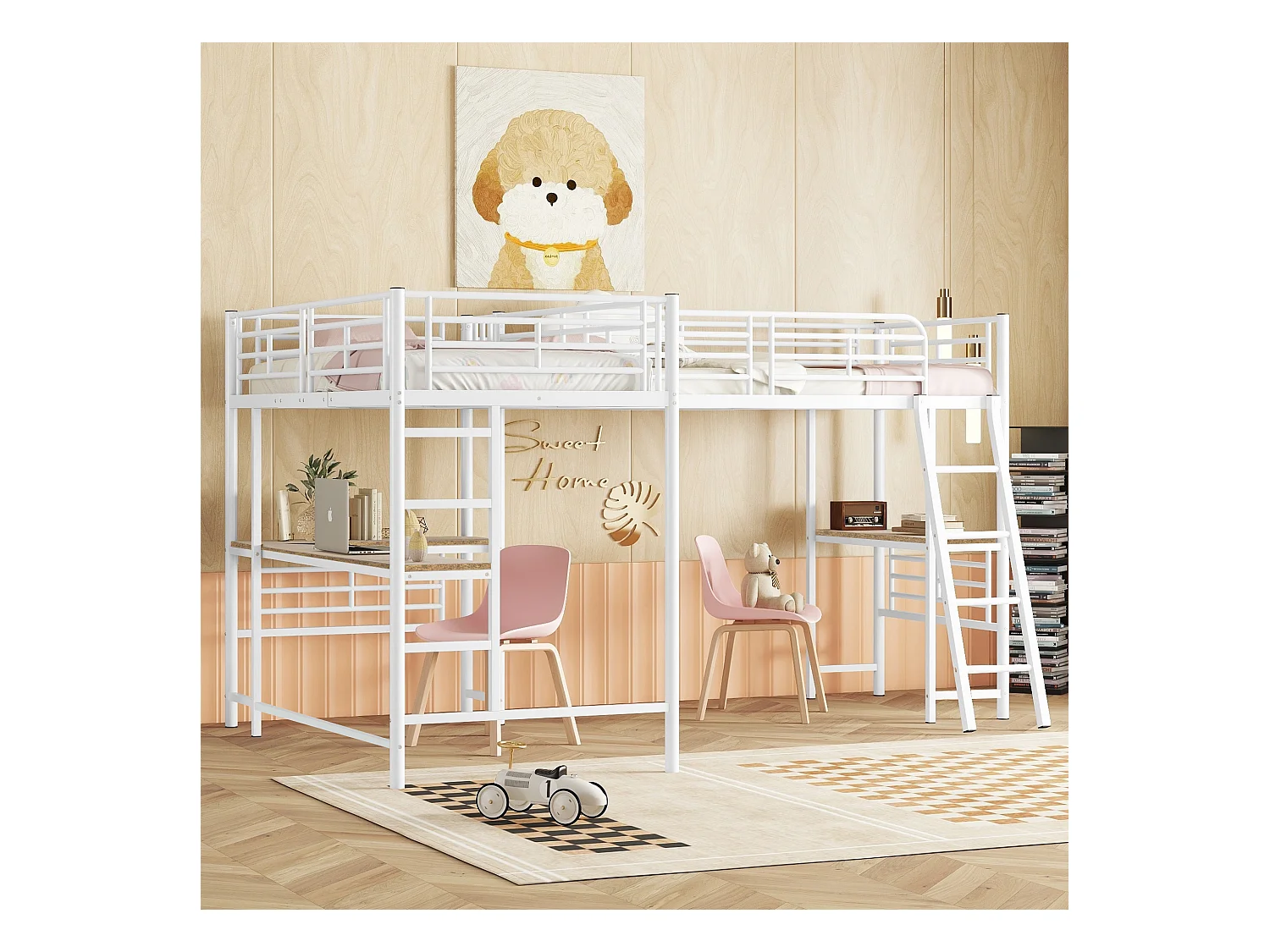 Lit mezzanine 90 x 200 cm, deux lits superposés, table sous le lit, double escalier