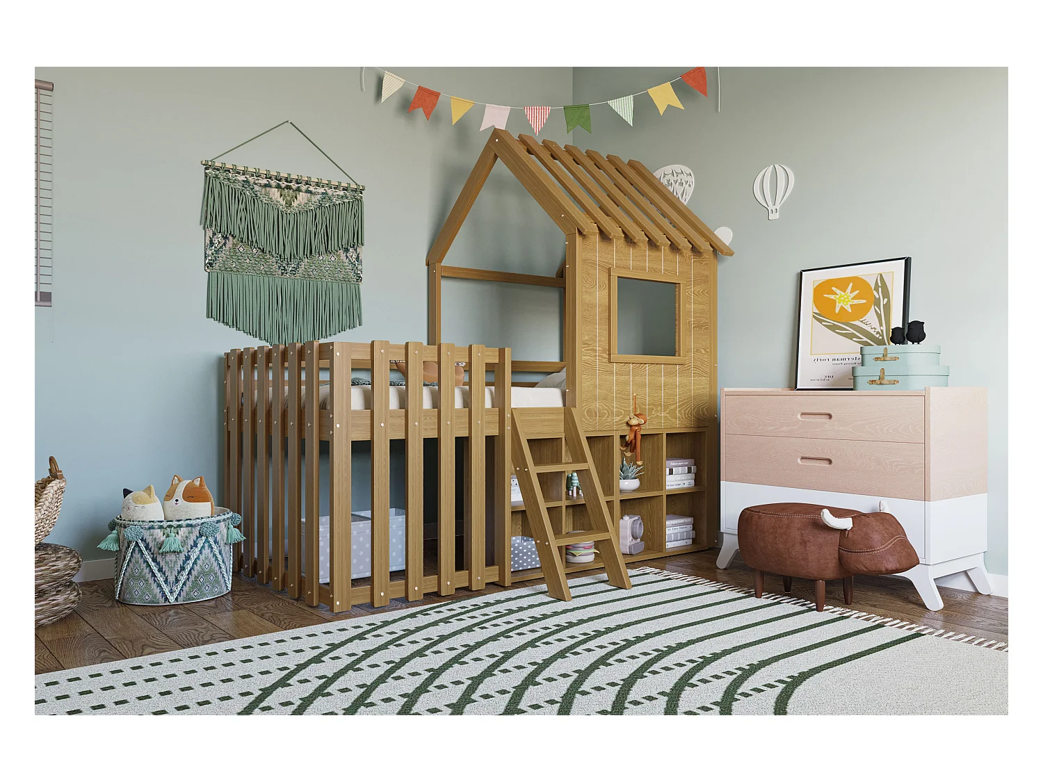 Kinderbed, 90 x 200 cm, met dak en raam, open opbergruimte