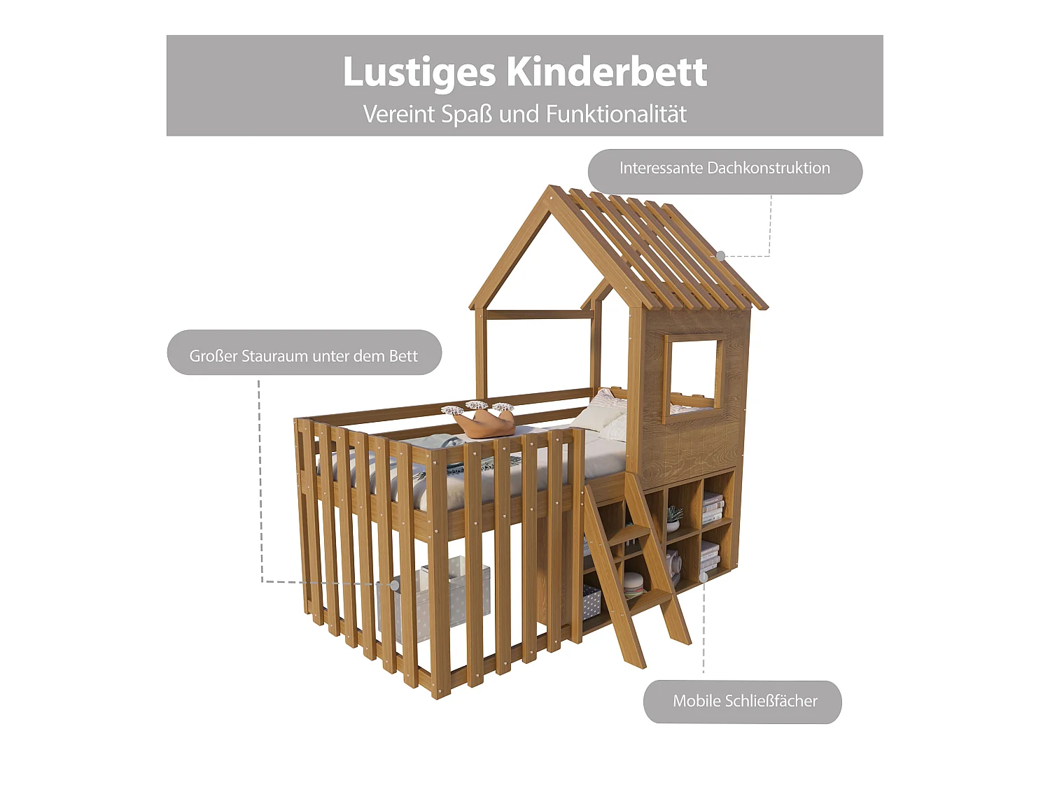 Kinderbed, 90 x 200 cm, met dak en raam, open opbergruimte