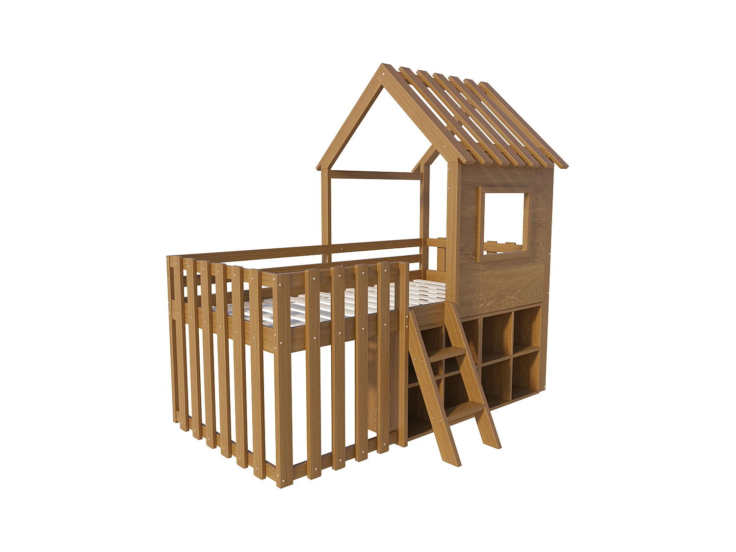 Kinderbed, 90 x 200 cm, met dak en raam, open opbergruimte