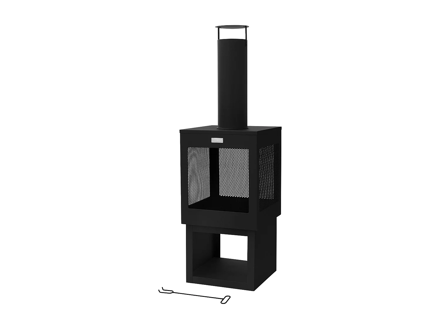 Cheminée de jardin 128x40 cm carrée noire en acier avec tisonnier toit amovible et support à bois poêle de terrasse brasero d'extérieur forme de coupe